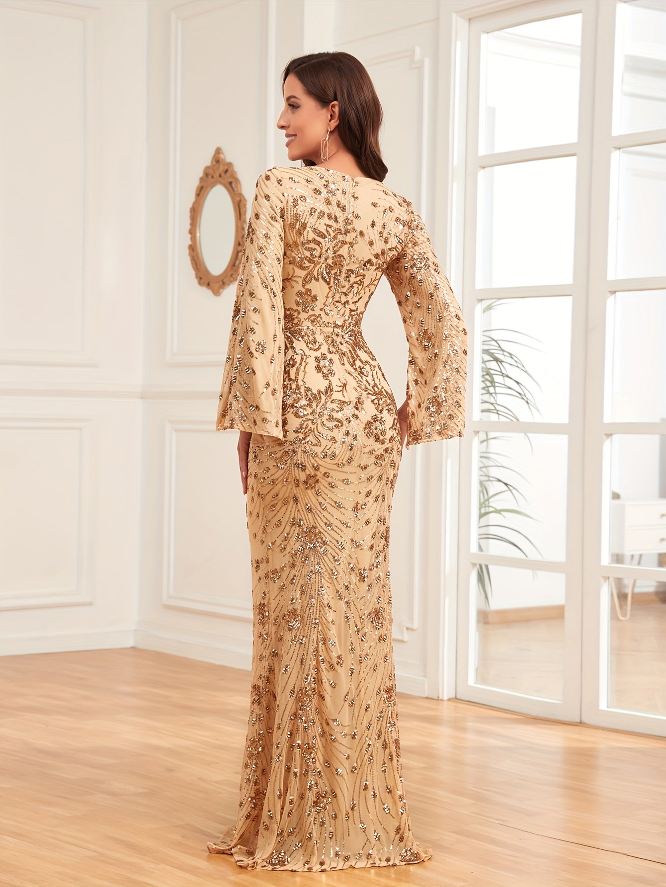 Sequin Decor Cape Sleeve Bridesmaid Dress, Elegant V-neck Mermaid Dress For Wedding Party | XUIBOL