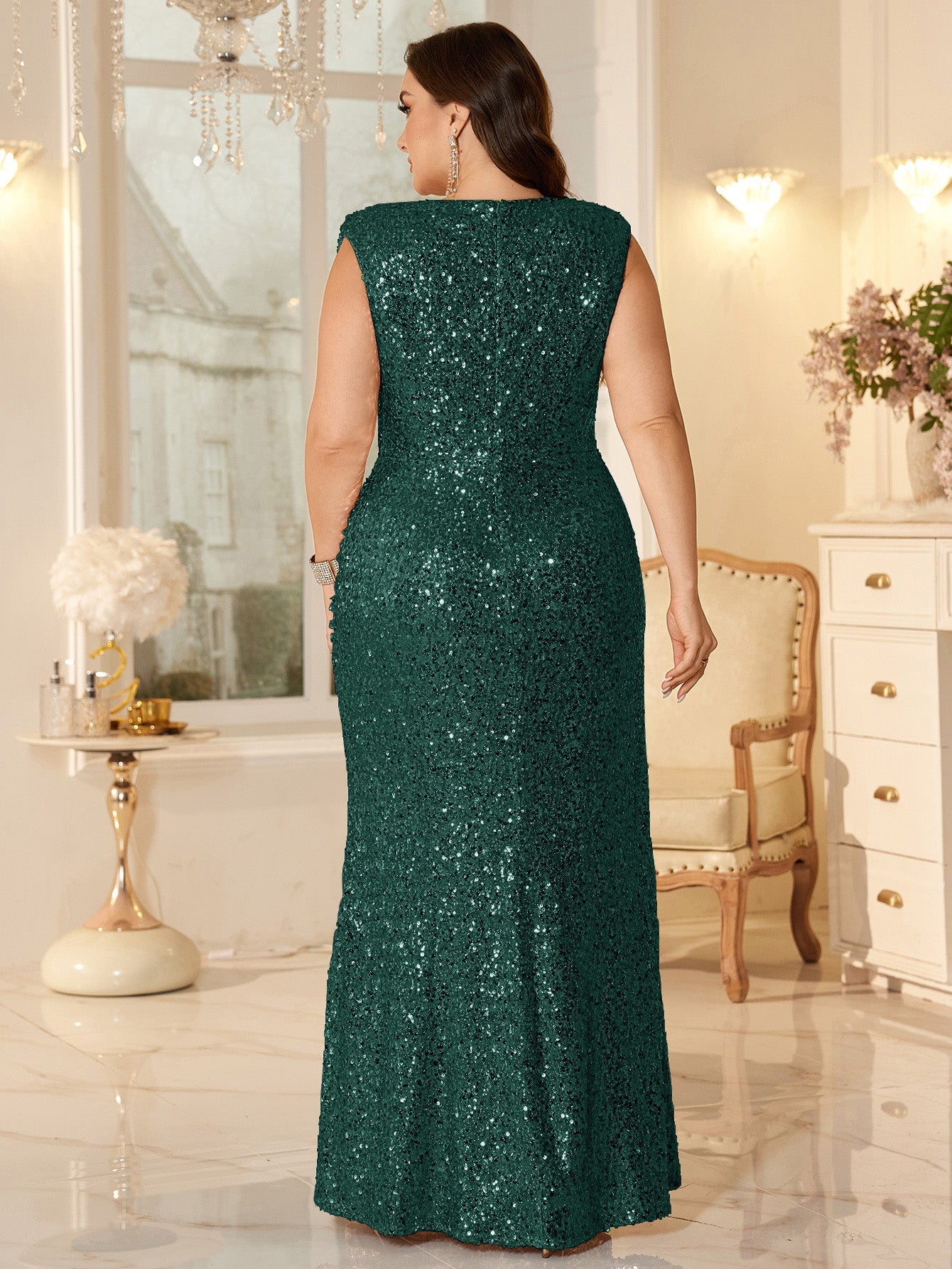 Women Ruched Waist Sparkly Maxi Dress For Wedding Party Prom