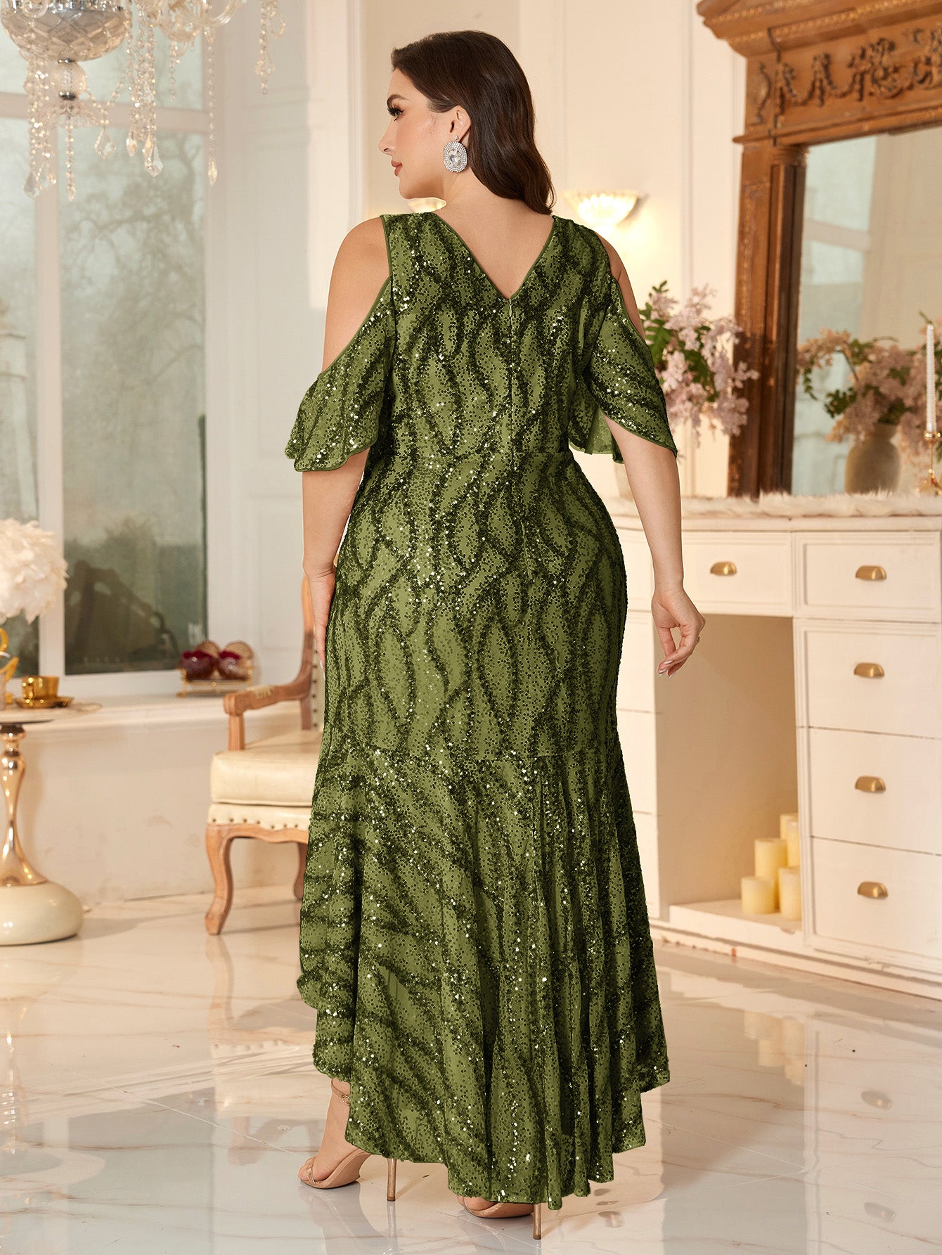 Champagne Sequin Cold-Shoulder Ruffle-Sleeve Asymmetrical Mermaid Gown