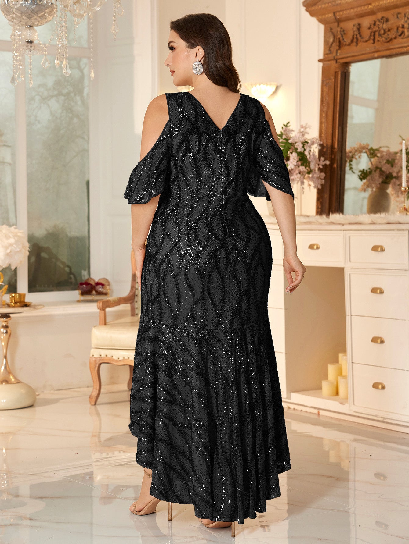 Champagne Sequin Cold-Shoulder Ruffle-Sleeve Asymmetrical Mermaid Gown
