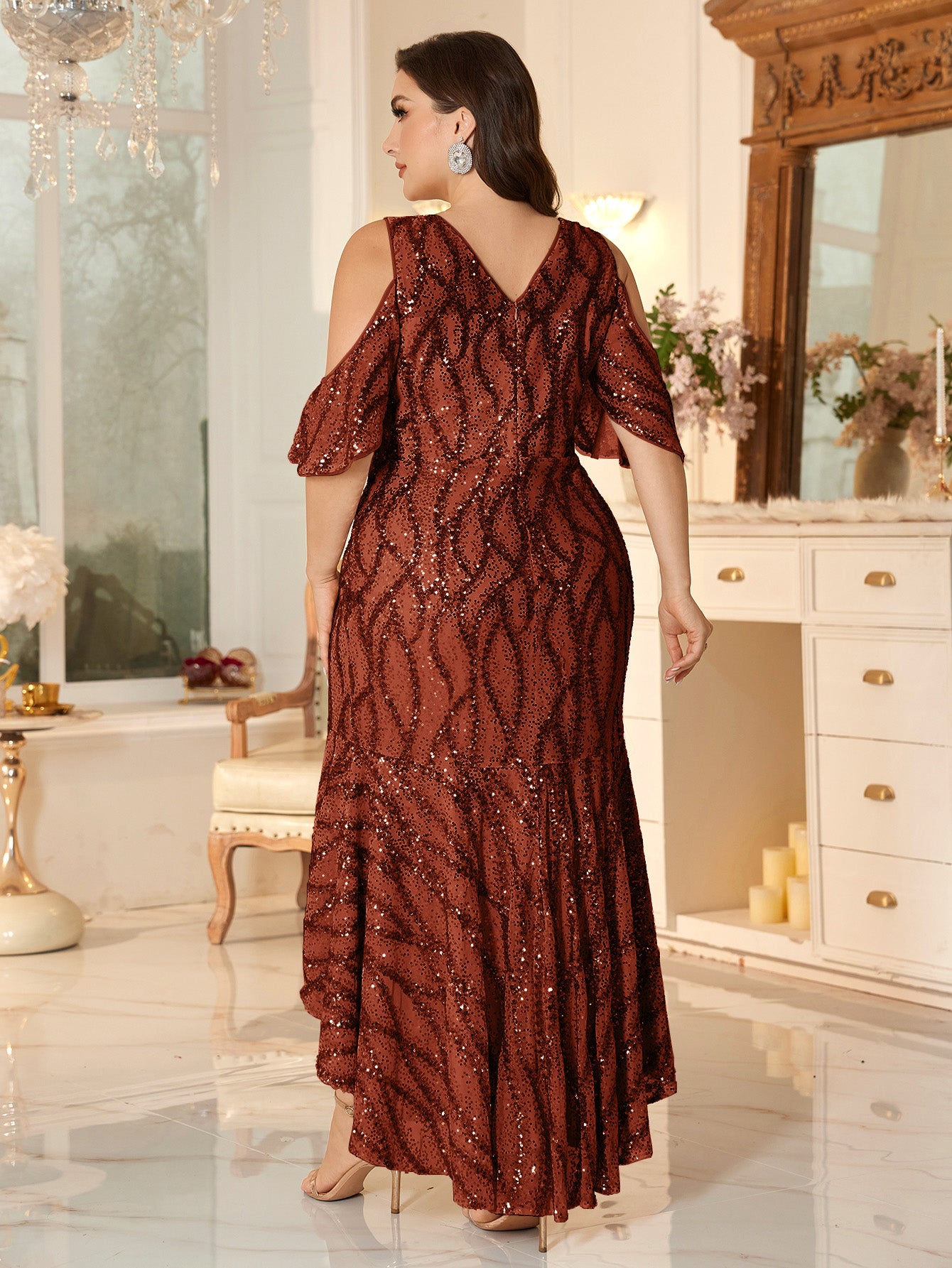 Champagne Sequin Cold-Shoulder Ruffle-Sleeve Asymmetrical Mermaid Gown