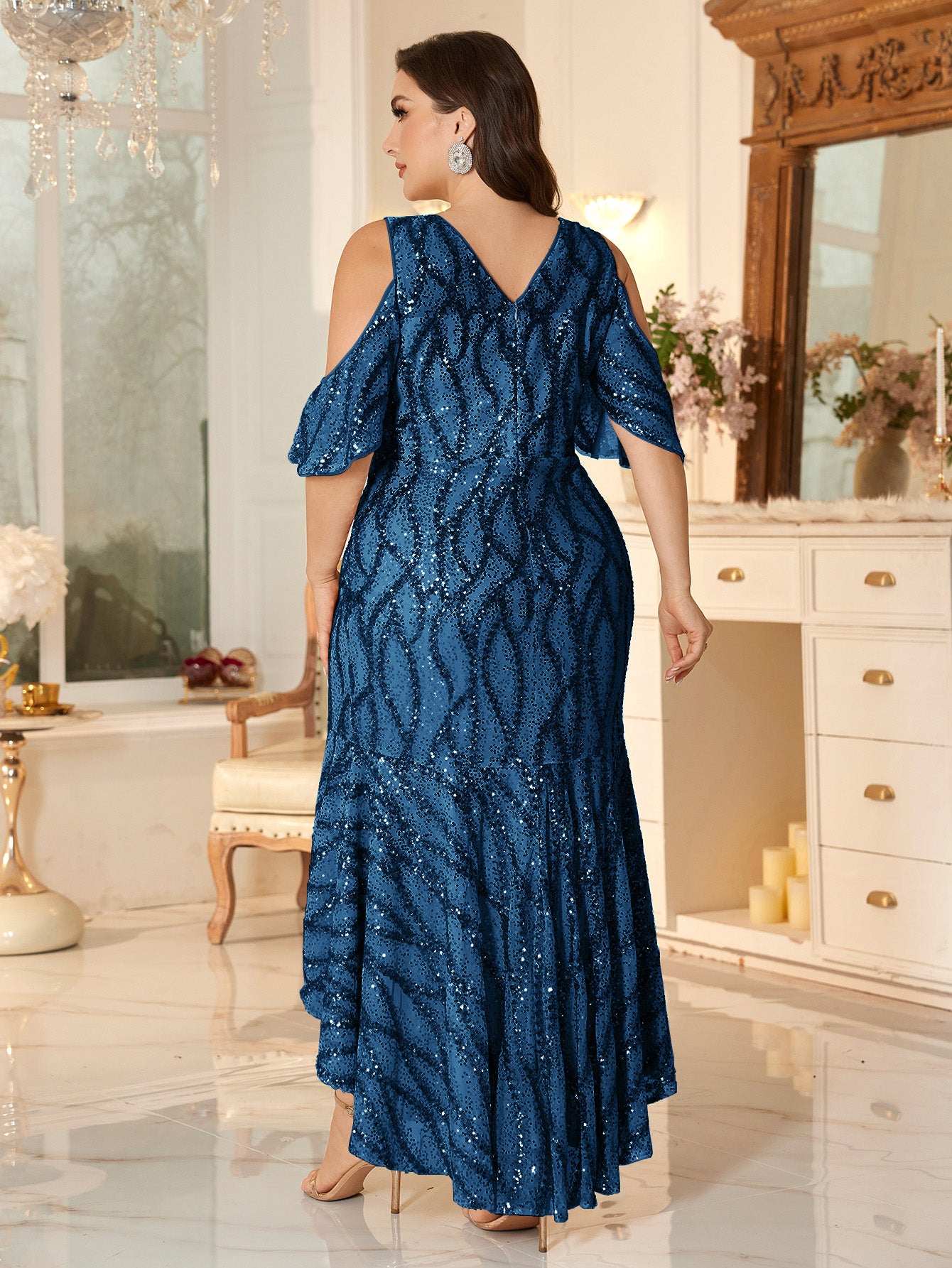 Champagne Sequin Cold-Shoulder Ruffle-Sleeve Asymmetrical Mermaid Gown