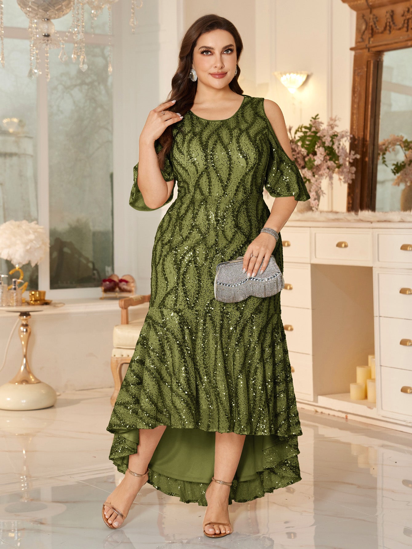 Champagne Sequin Cold-Shoulder Ruffle-Sleeve Asymmetrical Mermaid Gown
