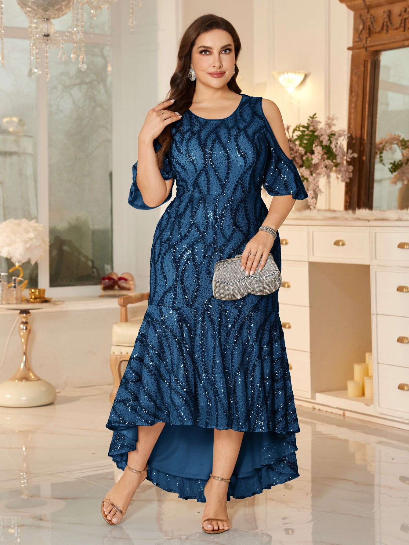 Champagne Sequin Cold-Shoulder Ruffle-Sleeve Asymmetrical Mermaid Gown