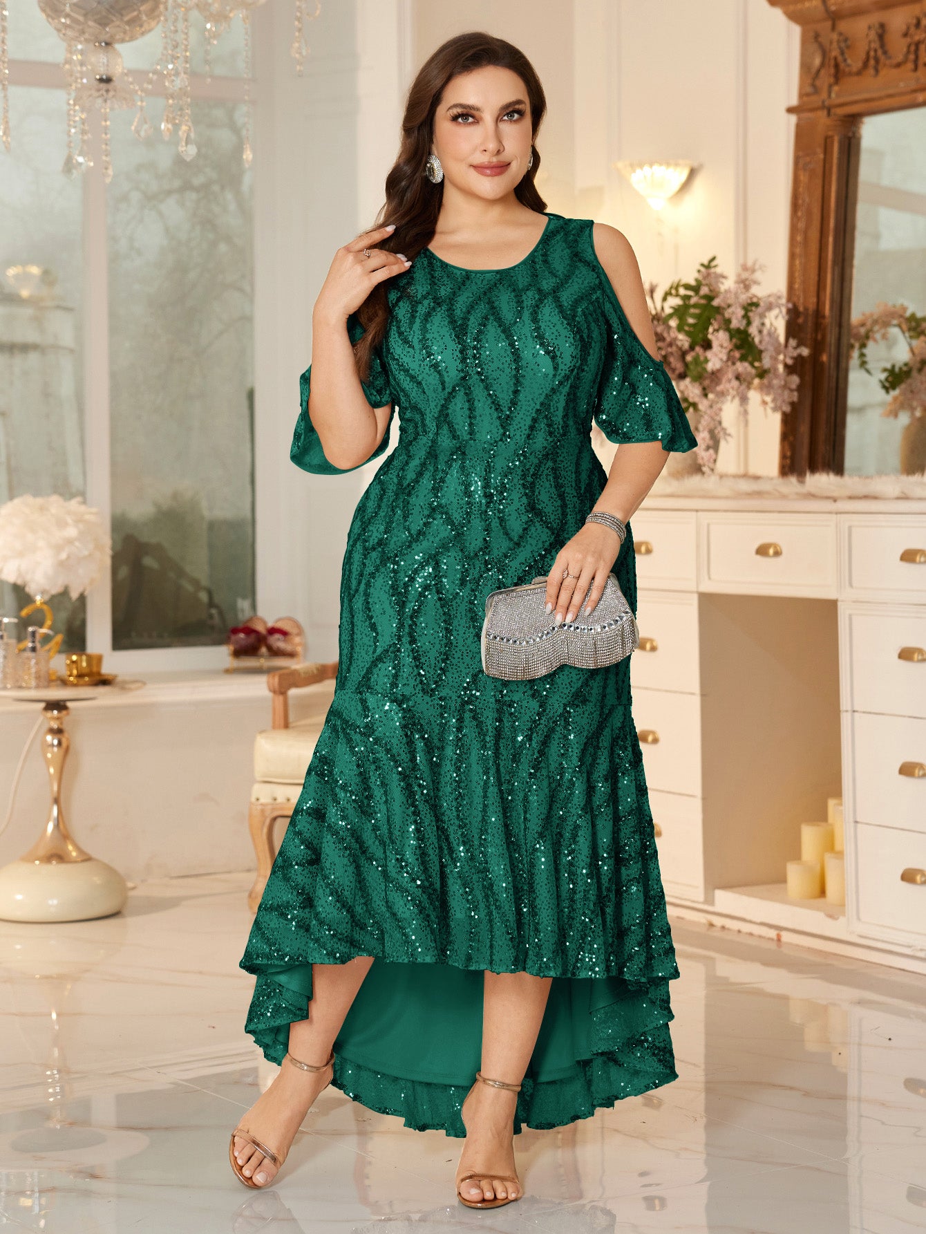 Champagne Sequin Cold-Shoulder Ruffle-Sleeve Asymmetrical Mermaid Gown