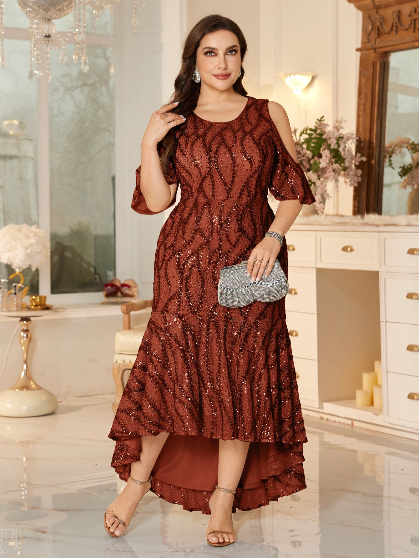 Champagne Sequin Cold-Shoulder Ruffle-Sleeve Asymmetrical Mermaid Gown