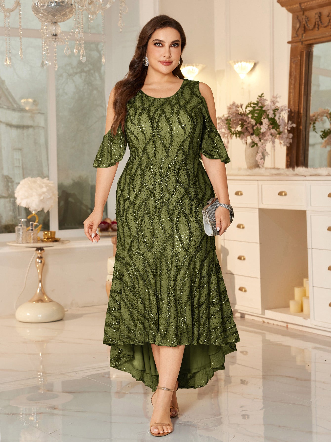 Champagne Sequin Cold-Shoulder Ruffle-Sleeve Asymmetrical Mermaid Gown