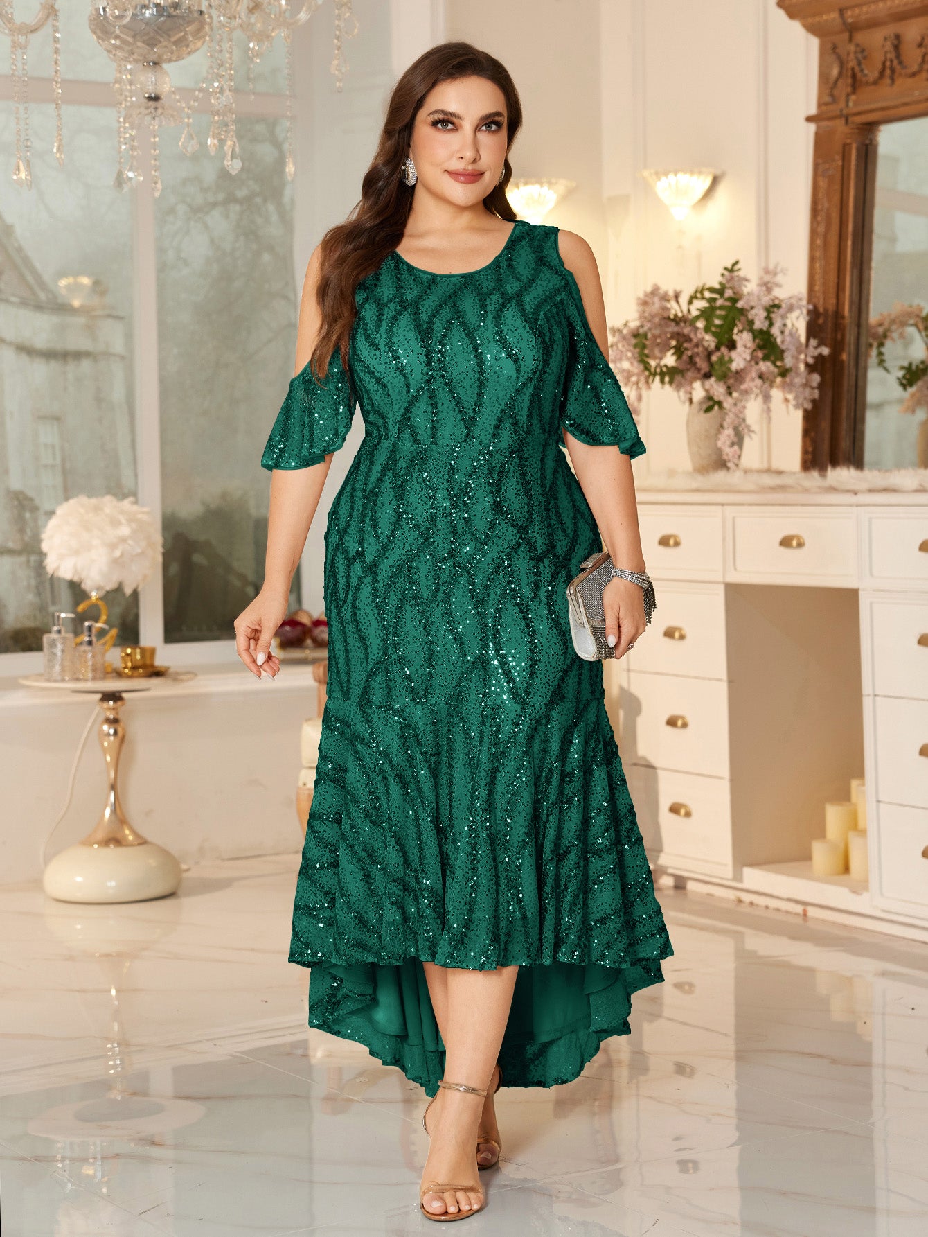 Champagne Sequin Cold-Shoulder Ruffle-Sleeve Asymmetrical Mermaid Gown