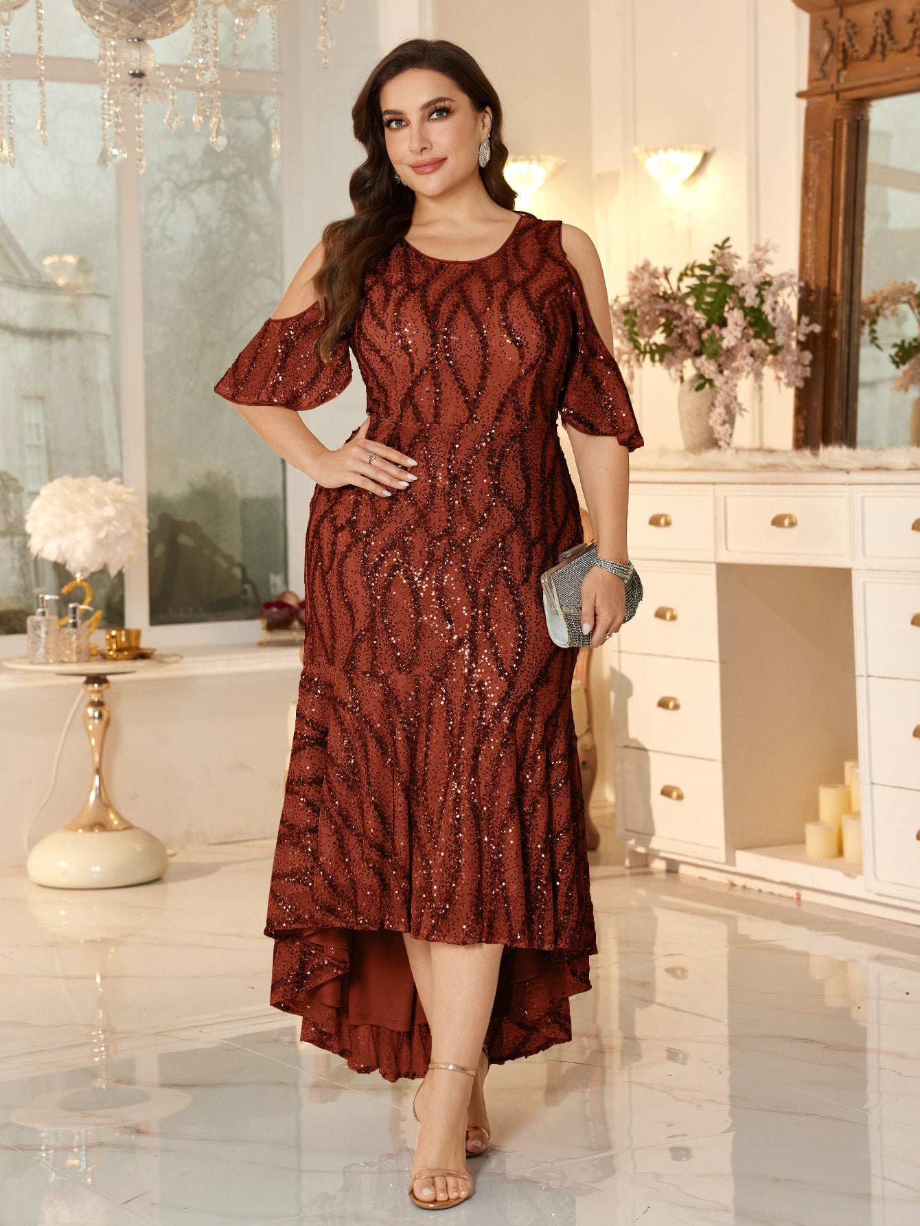 Champagne Sequin Cold-Shoulder Ruffle-Sleeve Asymmetrical Mermaid Gown