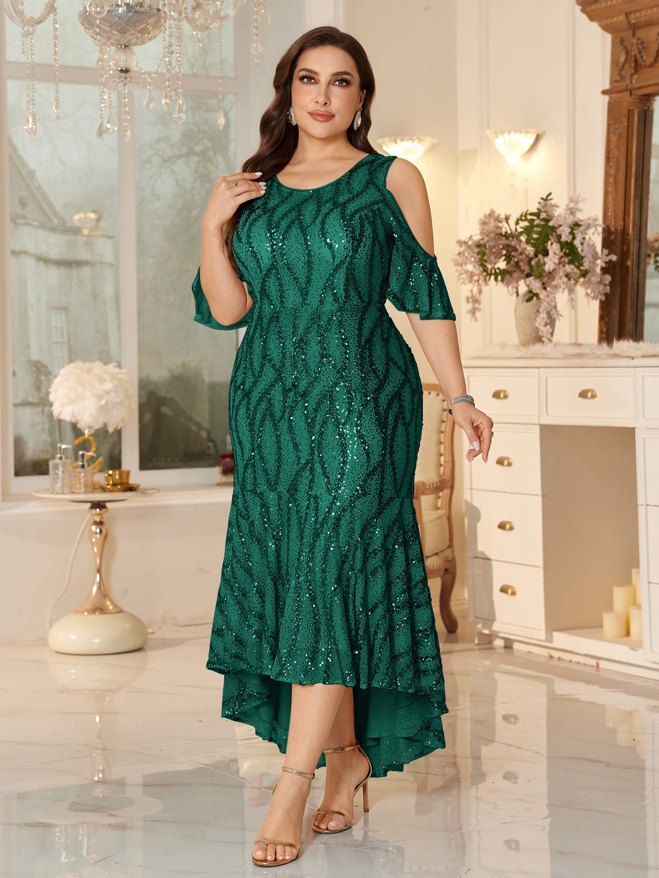 Champagne Sequin Cold-Shoulder Ruffle-Sleeve Asymmetrical Mermaid Gown
