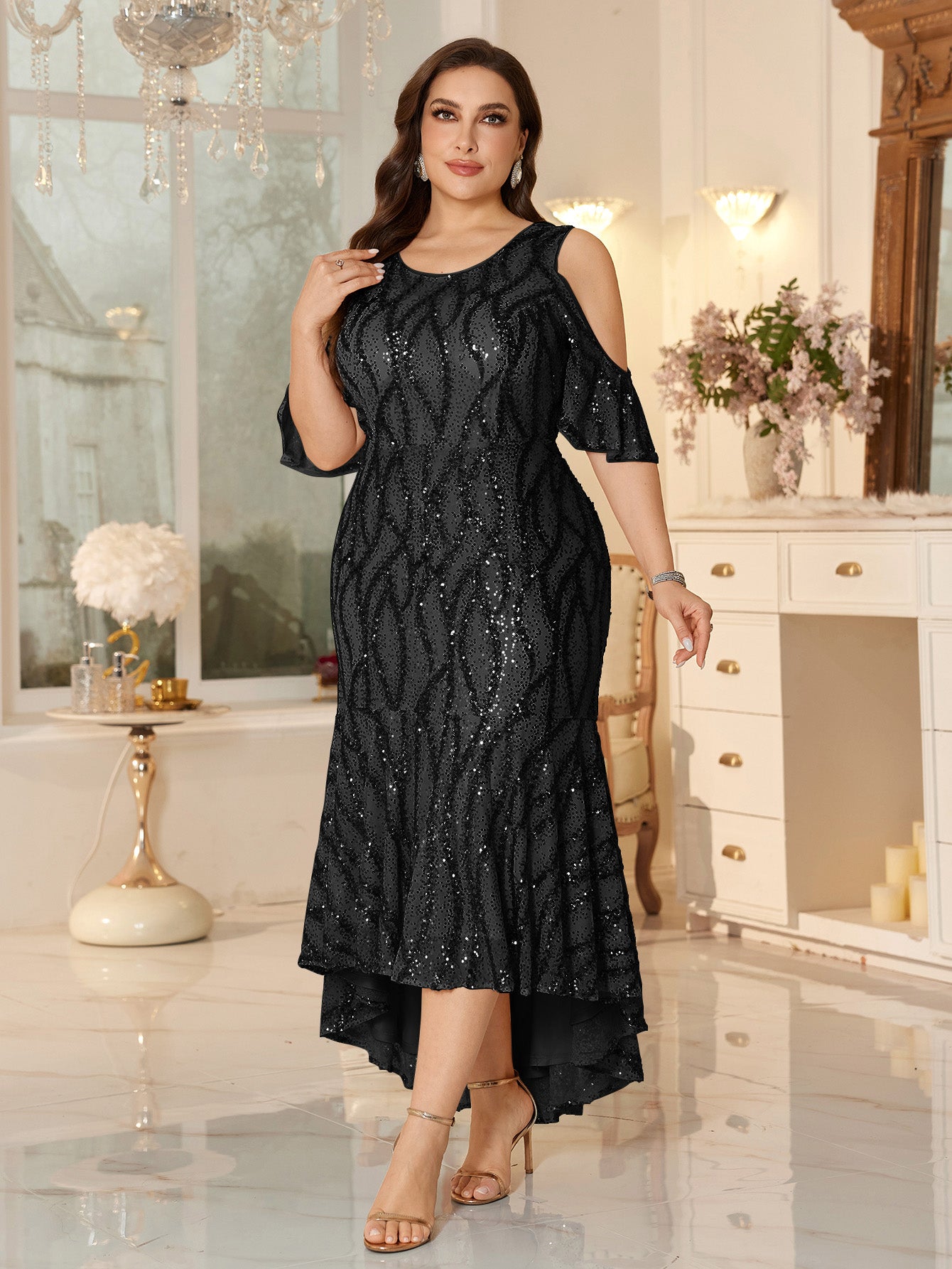 Champagne Sequin Cold-Shoulder Ruffle-Sleeve Asymmetrical Mermaid Gown