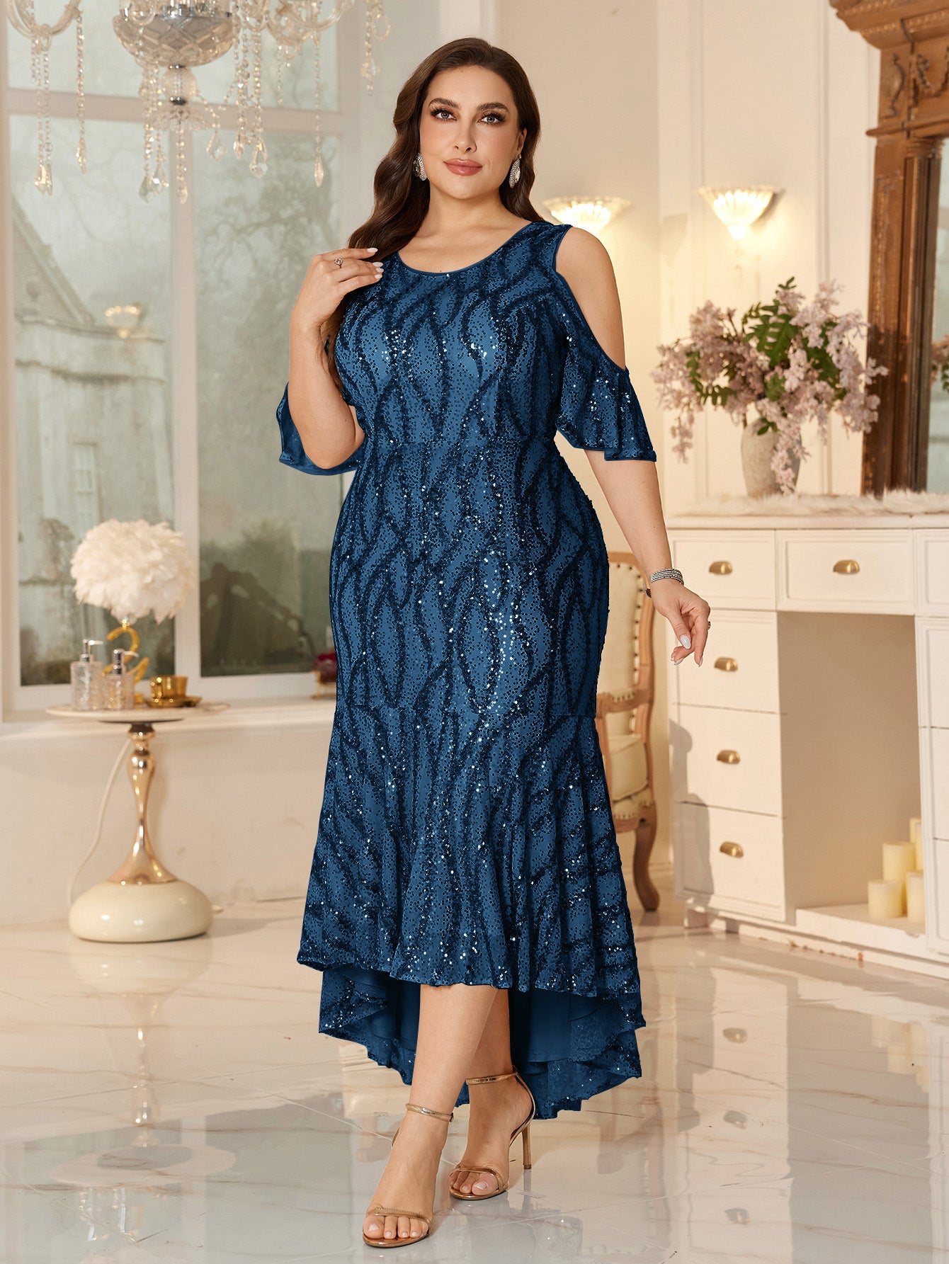 Champagne Sequin Cold-Shoulder Ruffle-Sleeve Asymmetrical Mermaid Gown