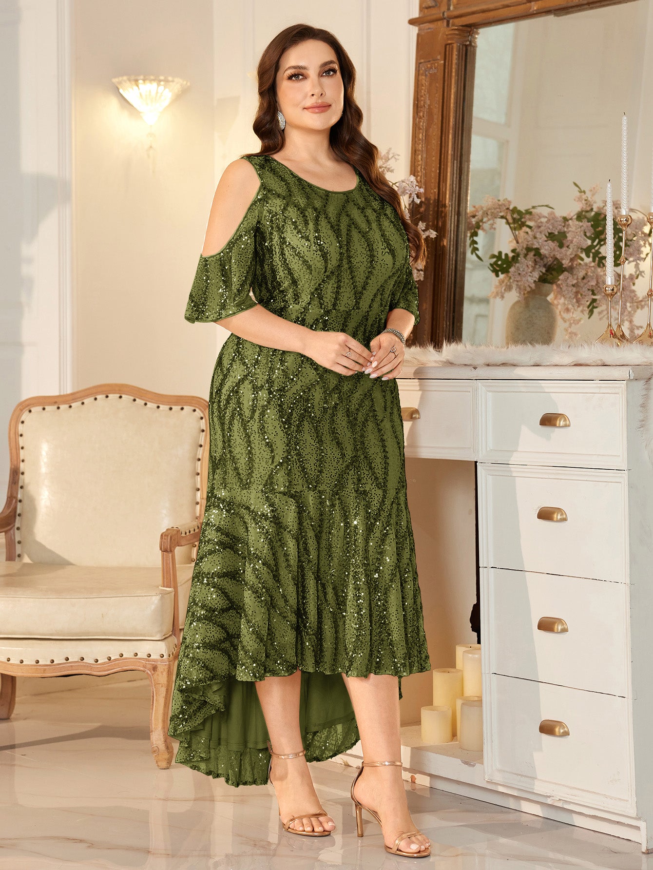 Champagne Sequin Cold-Shoulder Ruffle-Sleeve Asymmetrical Mermaid Gown