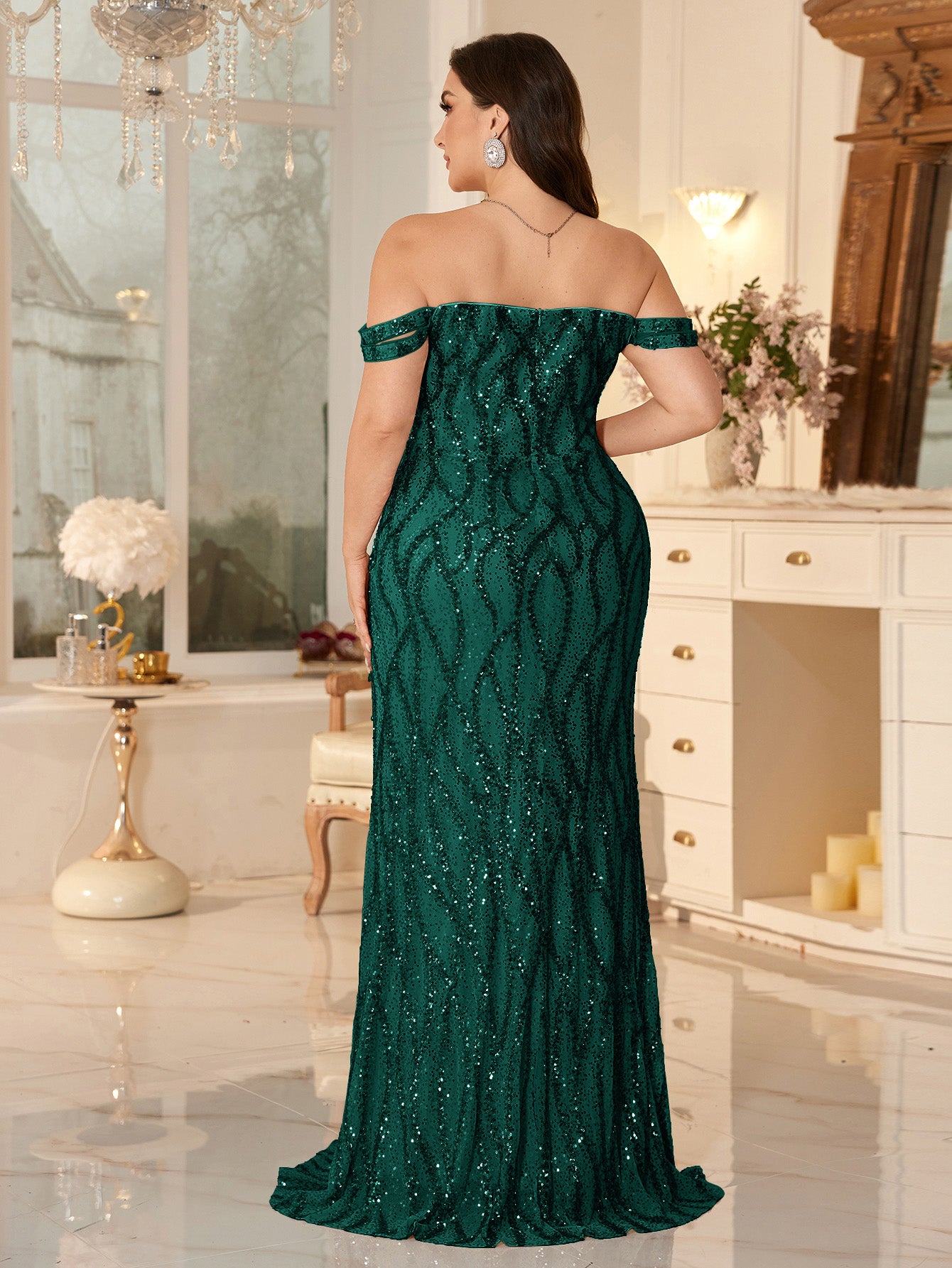 Champagne Off-the-Shoulder Mermaid Evening Gown With Shimmering ripple-Pattern Sequins.