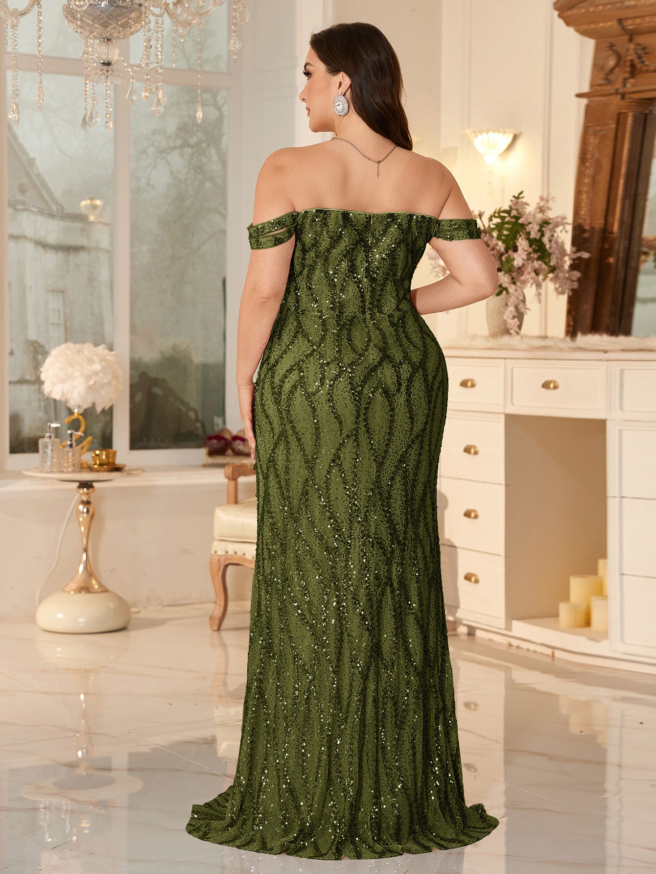 Champagne Off-the-Shoulder Mermaid Evening Gown With Shimmering ripple-Pattern Sequins.