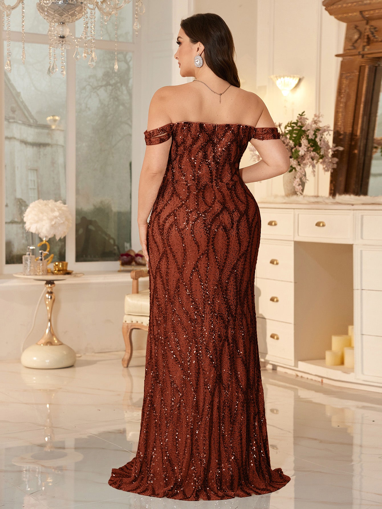 Champagne Off-the-Shoulder Mermaid Evening Gown With Shimmering ripple-Pattern Sequins.