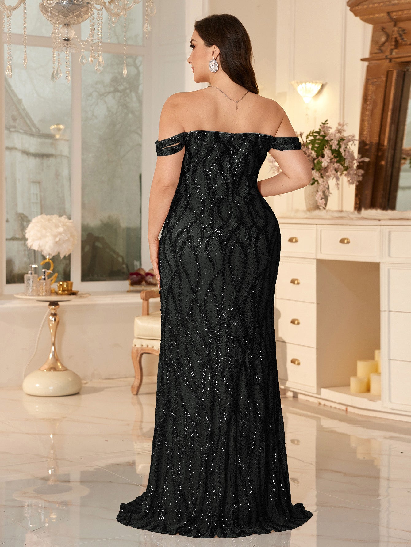 Champagne Off-the-Shoulder Mermaid Evening Gown With Shimmering ripple-Pattern Sequins.