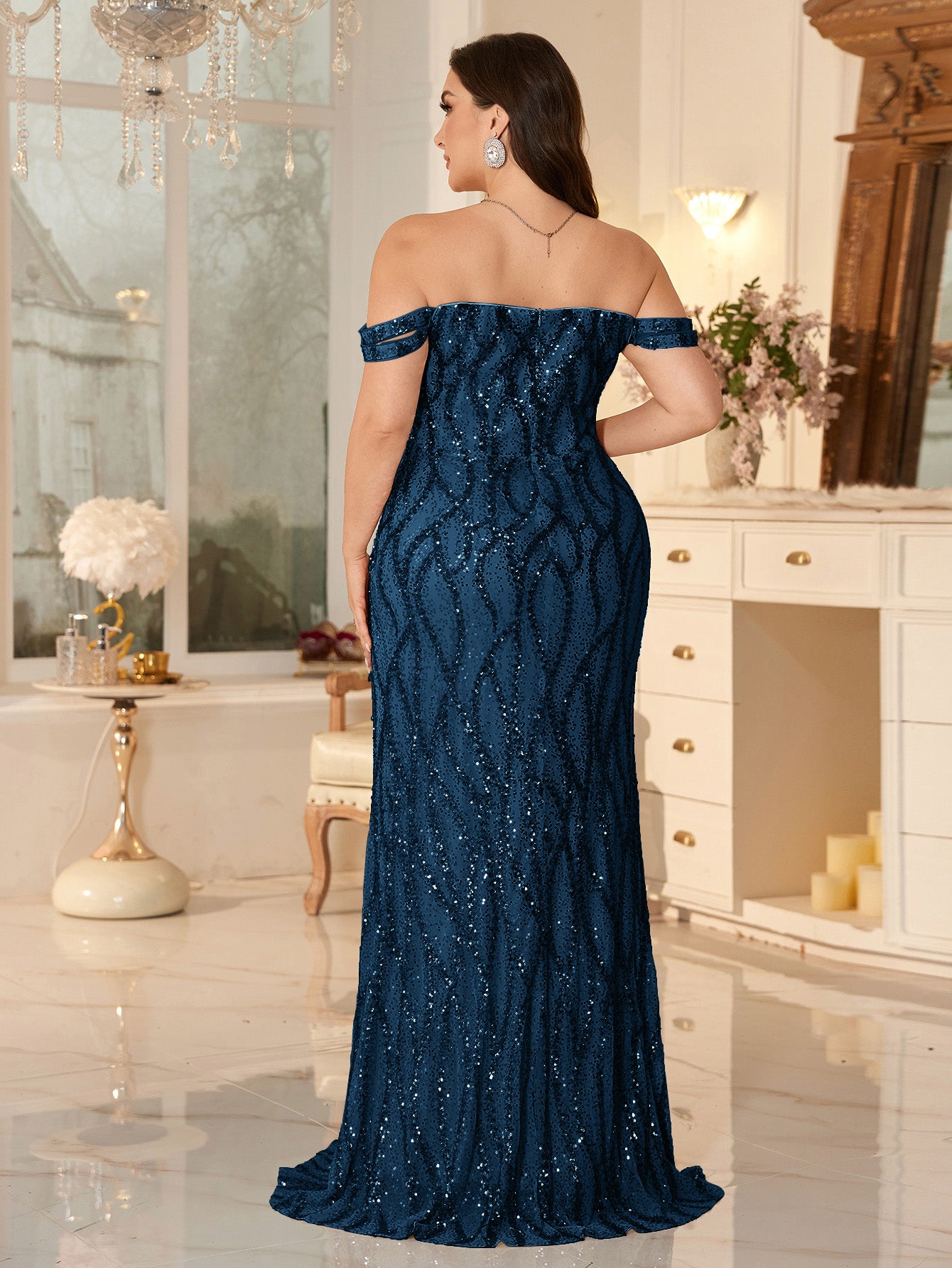 Champagne Off-the-Shoulder Mermaid Evening Gown With Shimmering ripple-Pattern Sequins.