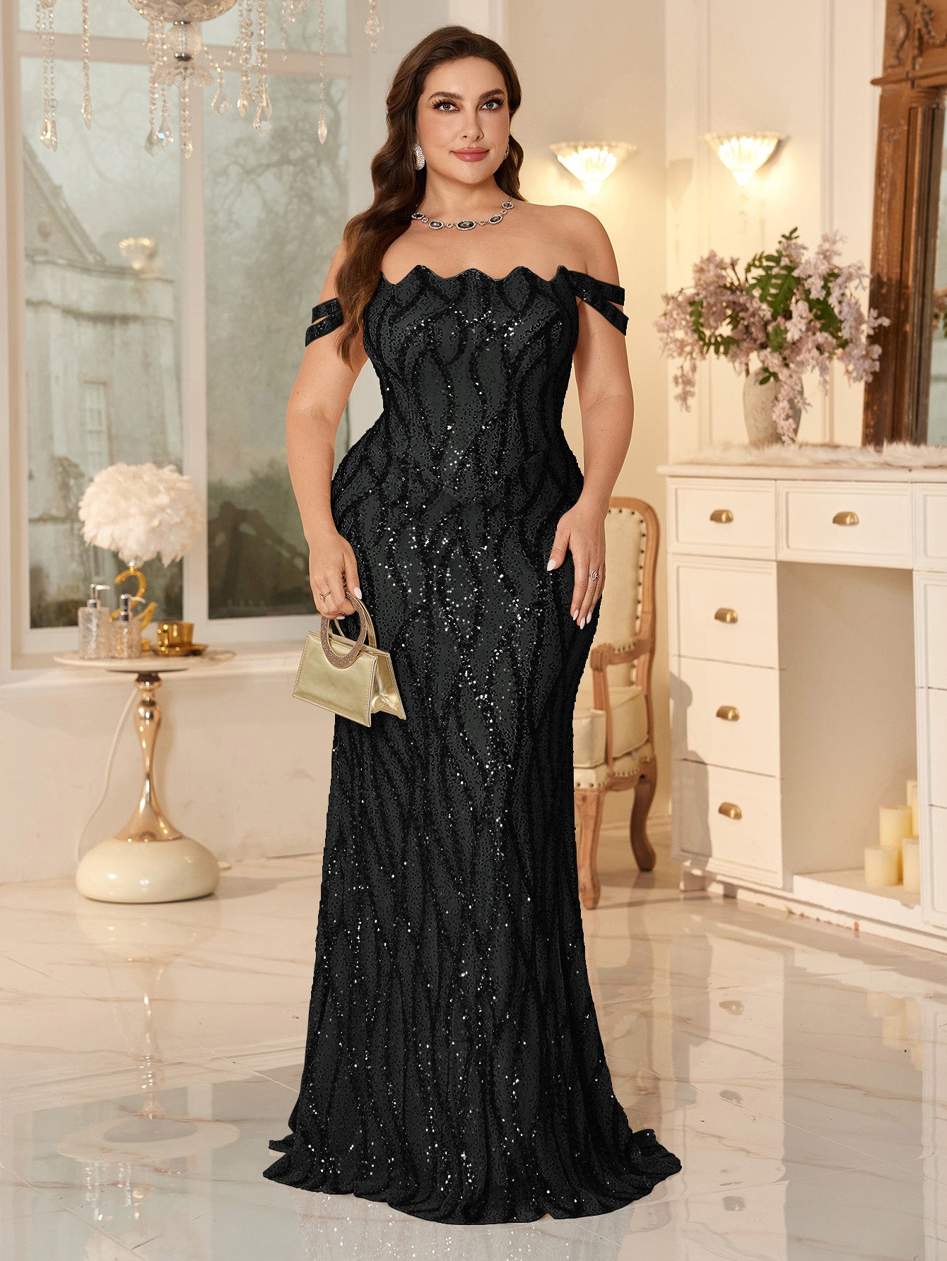 Champagne Off-the-Shoulder Mermaid Evening Gown With Shimmering ripple-Pattern Sequins.