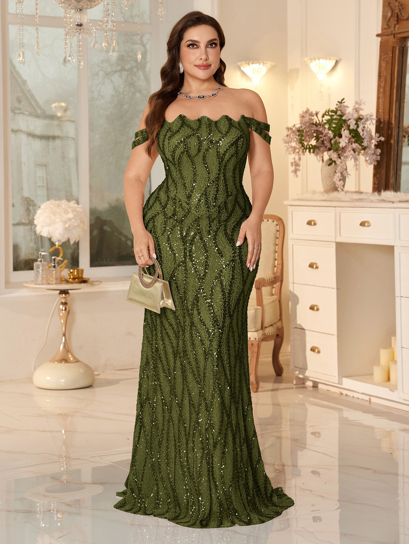 Champagne Off-the-Shoulder Mermaid Evening Gown With Shimmering ripple-Pattern Sequins.