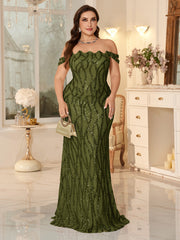 Champagne Off-the-Shoulder Mermaid Evening Gown With Shimmering ripple-Pattern Sequins.