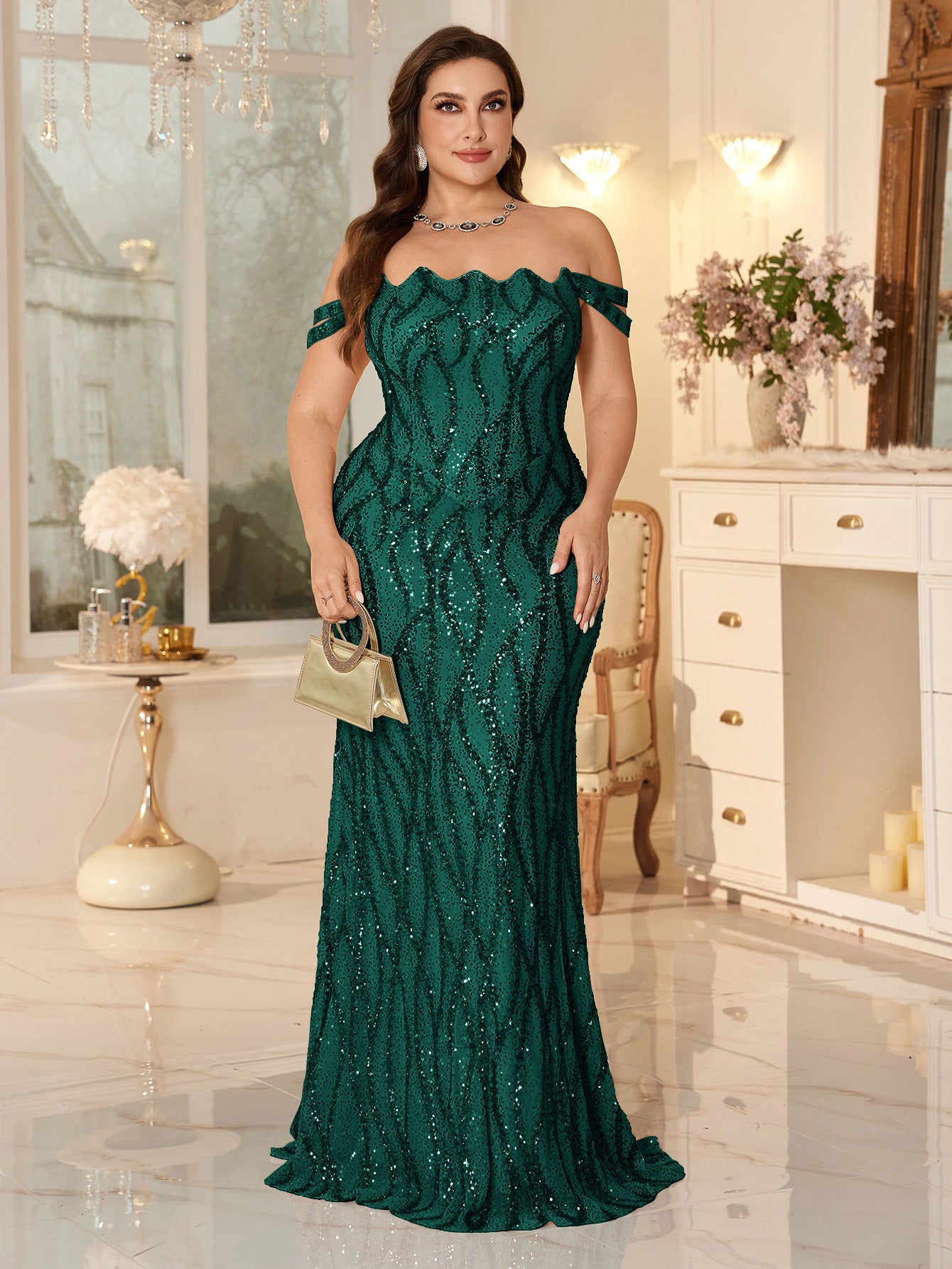Champagne Off-the-Shoulder Mermaid Evening Gown With Shimmering ripple-Pattern Sequins.