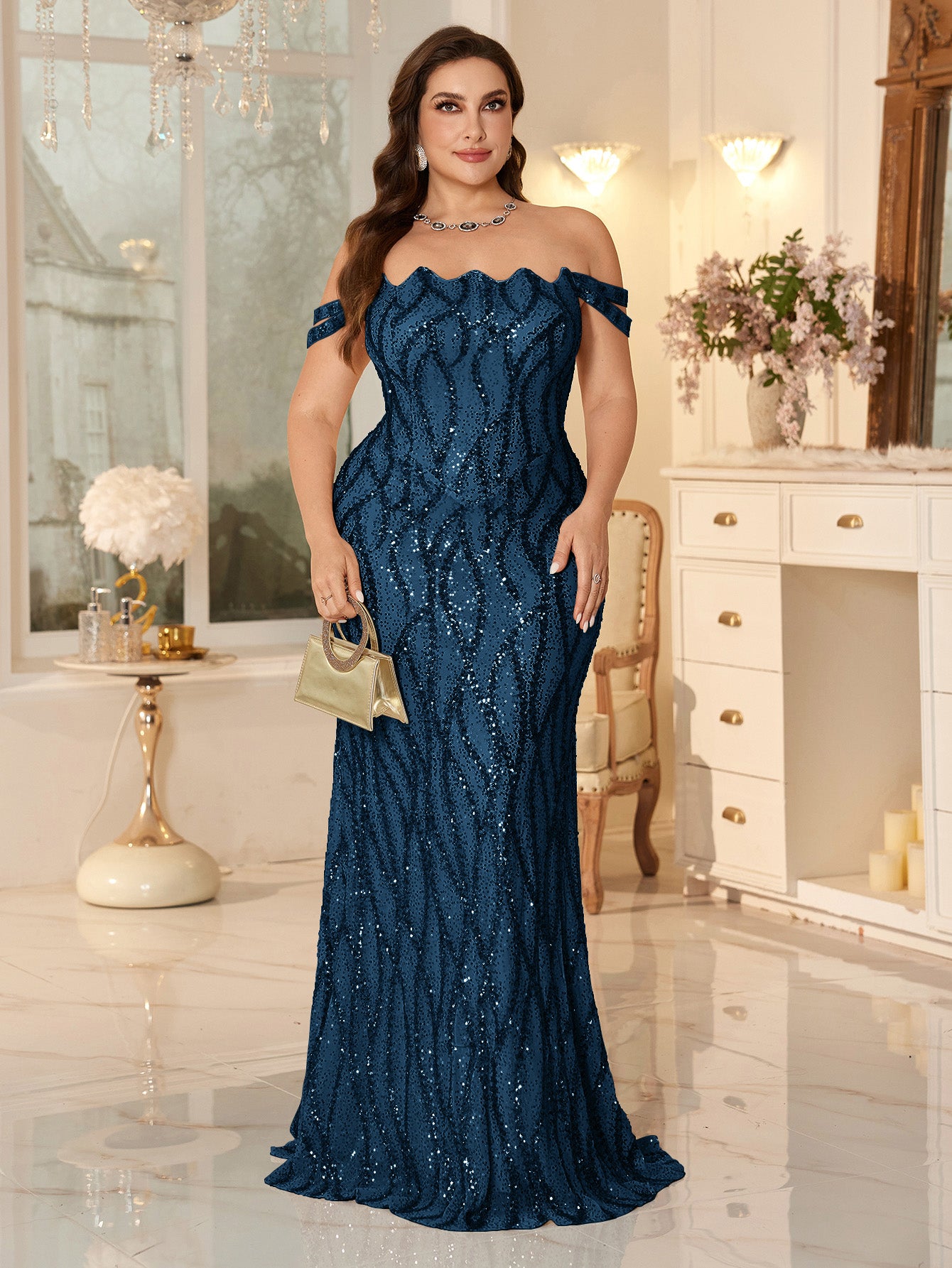 Champagne Off-the-Shoulder Mermaid Evening Gown With Shimmering ripple-Pattern Sequins.