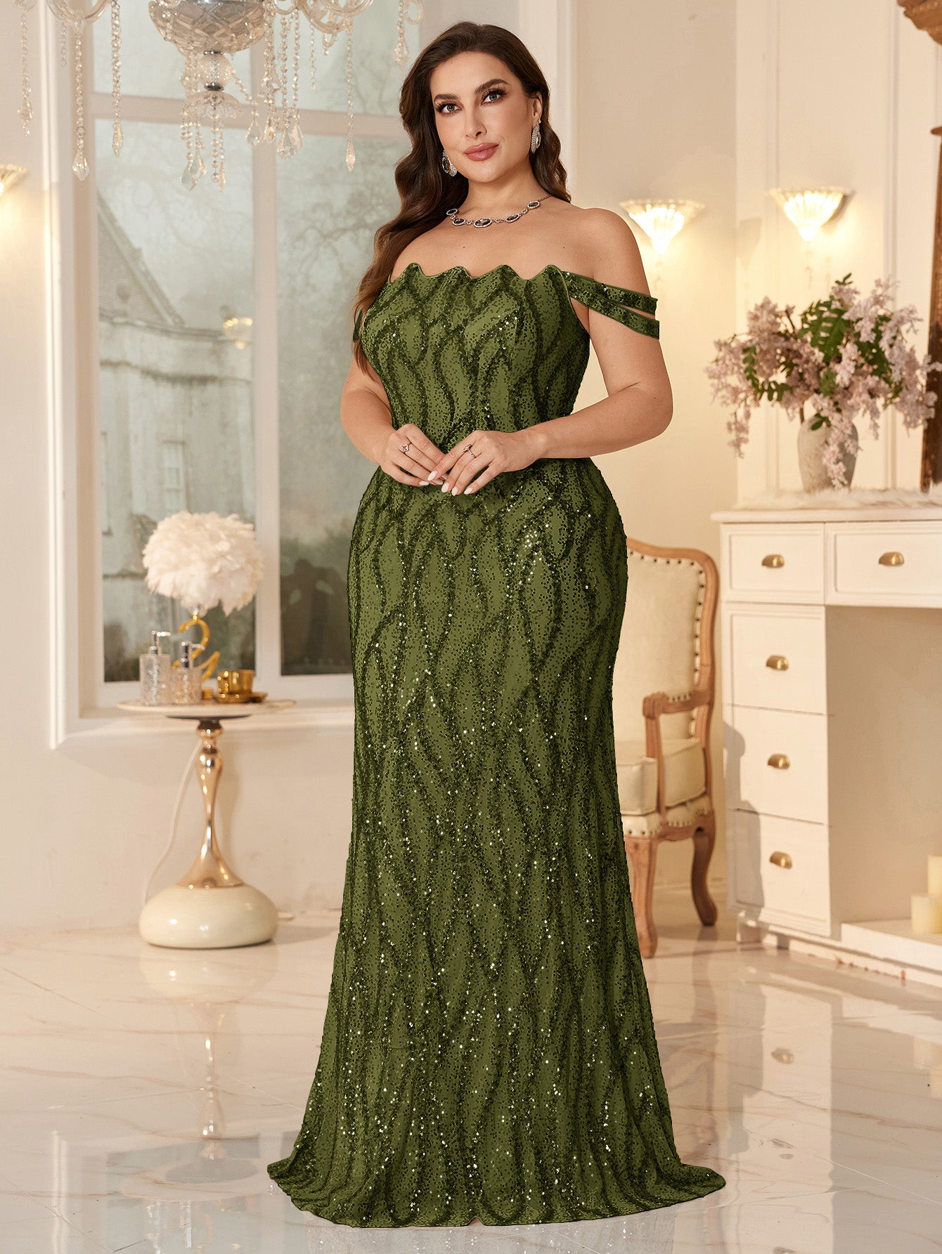 Champagne Off-the-Shoulder Mermaid Evening Gown With Shimmering ripple-Pattern Sequins.