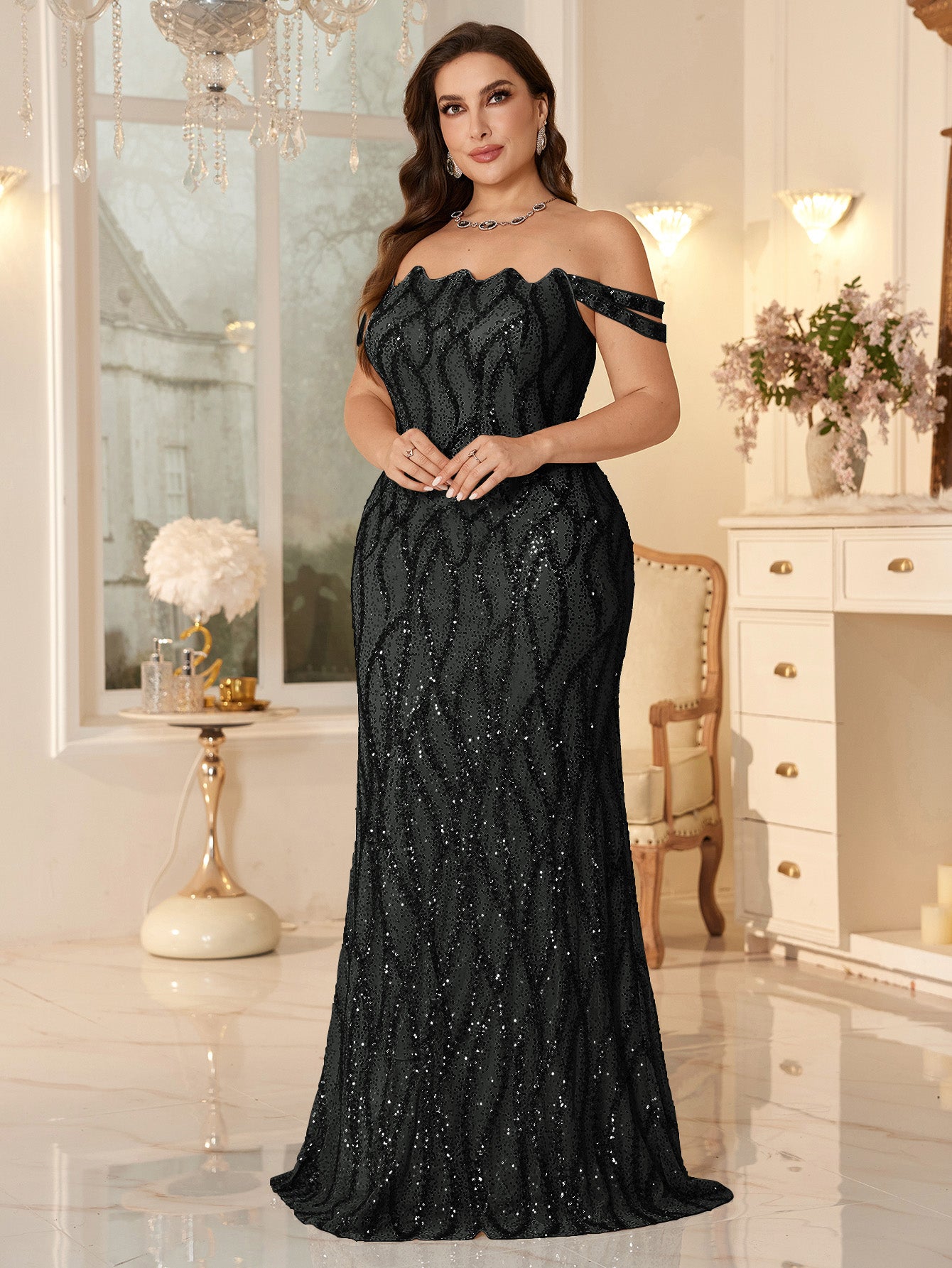 Champagne Off-the-Shoulder Mermaid Evening Gown With Shimmering ripple-Pattern Sequins.