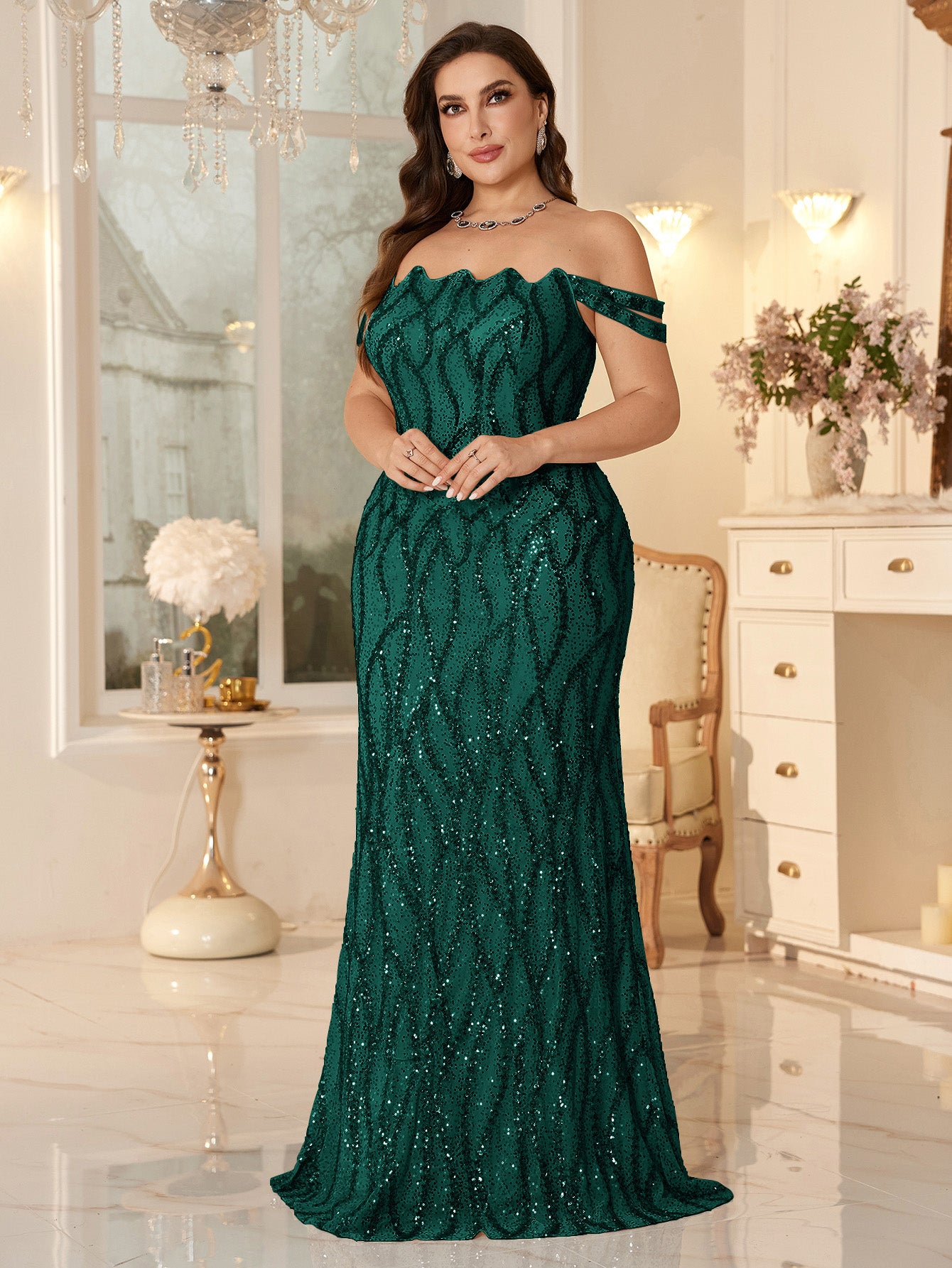 Champagne Off-the-Shoulder Mermaid Evening Gown With Shimmering ripple-Pattern Sequins.
