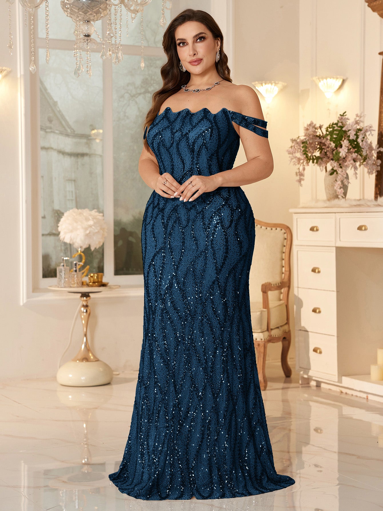 Champagne Off-the-Shoulder Mermaid Evening Gown With Shimmering ripple-Pattern Sequins.