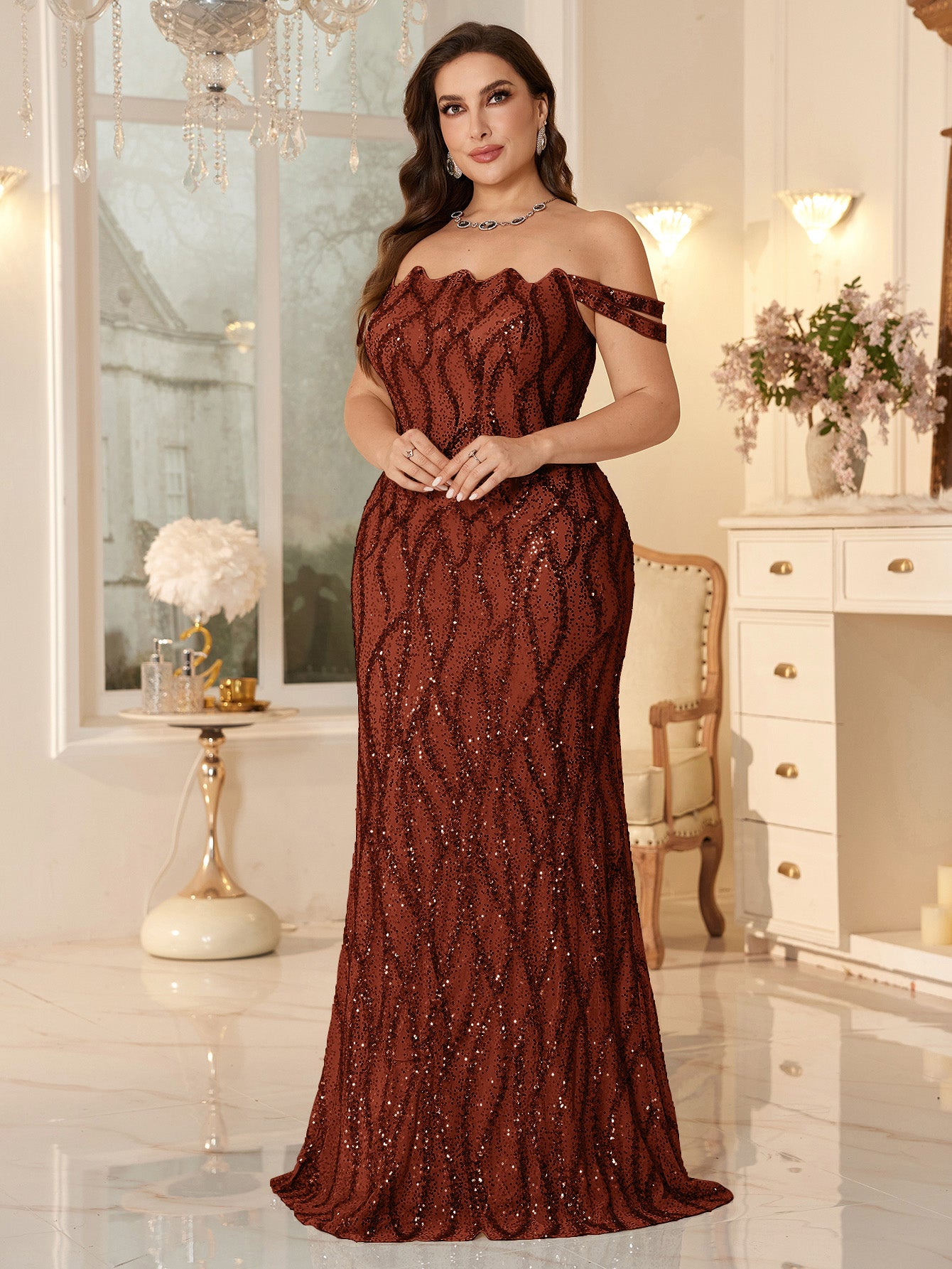 Champagne Off-the-Shoulder Mermaid Evening Gown With Shimmering ripple-Pattern Sequins.