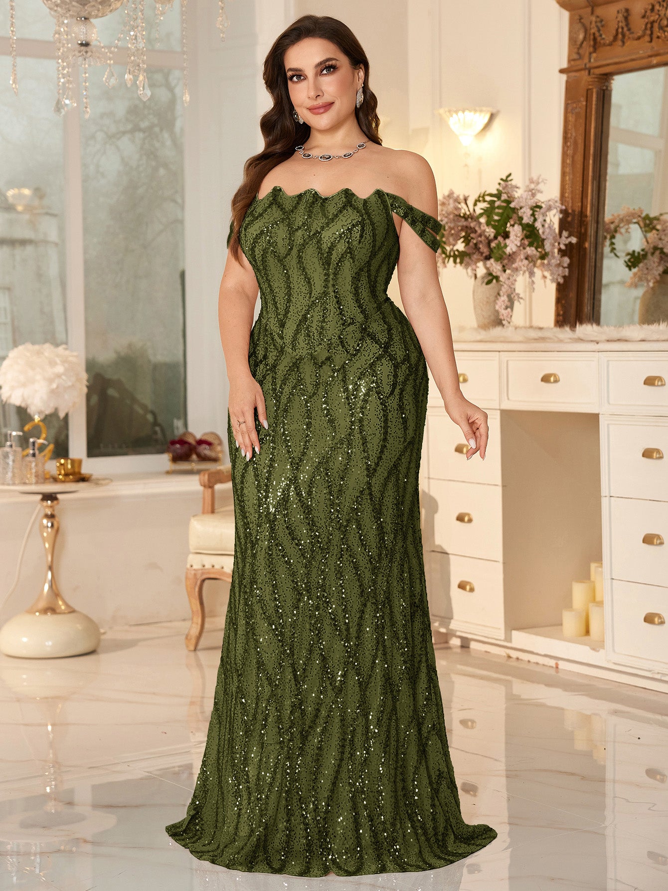 Champagne Off-the-Shoulder Mermaid Evening Gown With Shimmering ripple-Pattern Sequins.