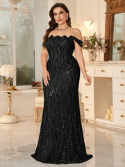 Champagne Off-the-Shoulder Mermaid Evening Gown With Shimmering ripple-Pattern Sequins.