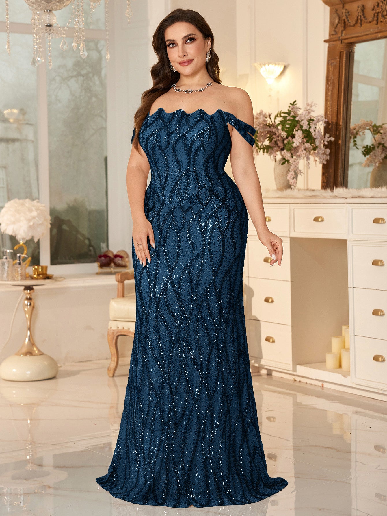 Champagne Off-the-Shoulder Mermaid Evening Gown With Shimmering ripple-Pattern Sequins.