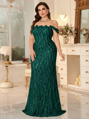 Champagne Off-the-Shoulder Mermaid Evening Gown With Shimmering ripple-Pattern Sequins.