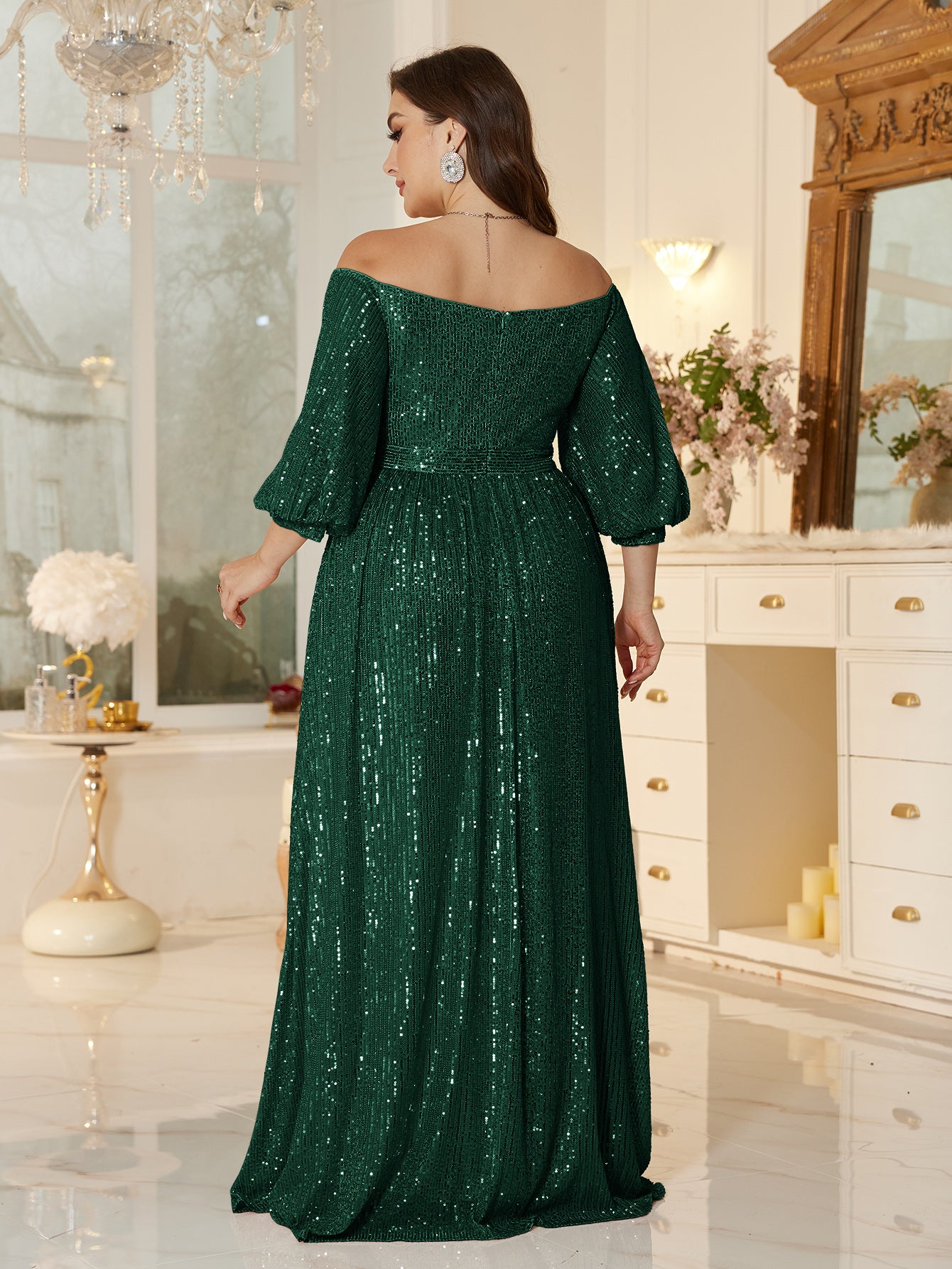 One Shoulder Elegant Formal Plus Size Sequined Dress