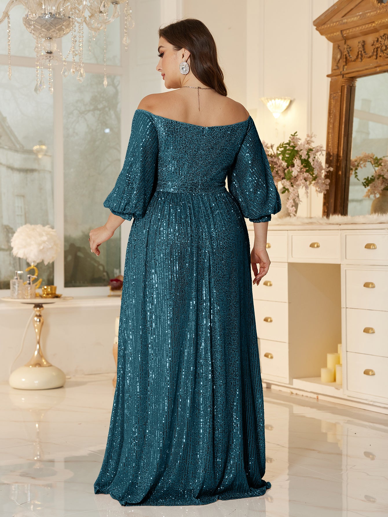 One Shoulder Elegant Formal Plus Size Sequined Dress