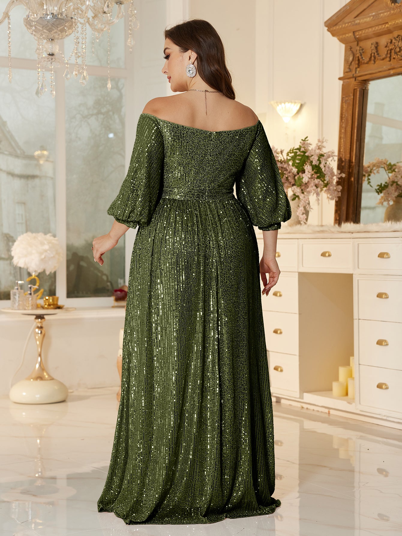One Shoulder Elegant Formal Plus Size Sequined Dress