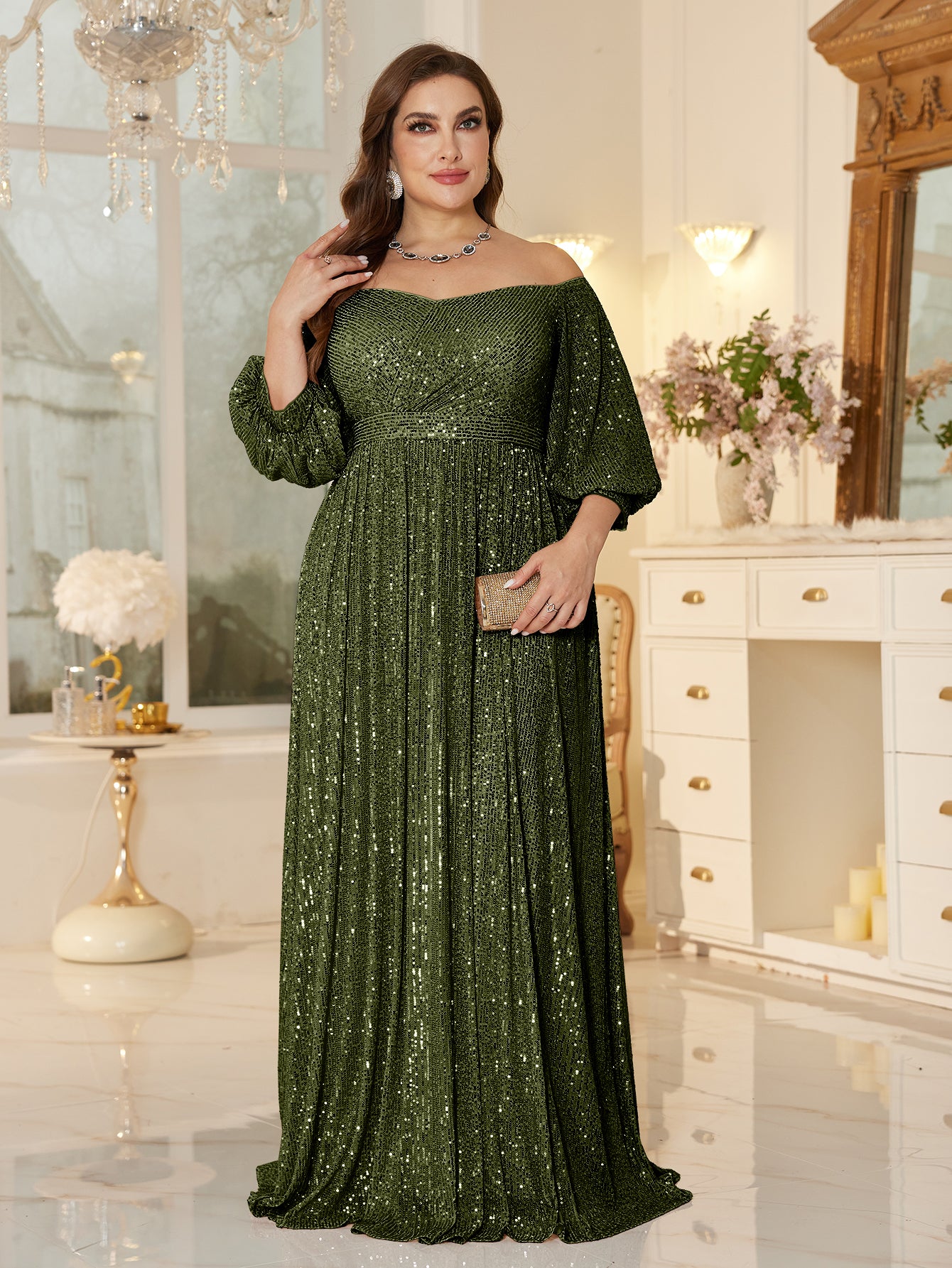 One Shoulder Elegant Formal Plus Size Sequined Dress