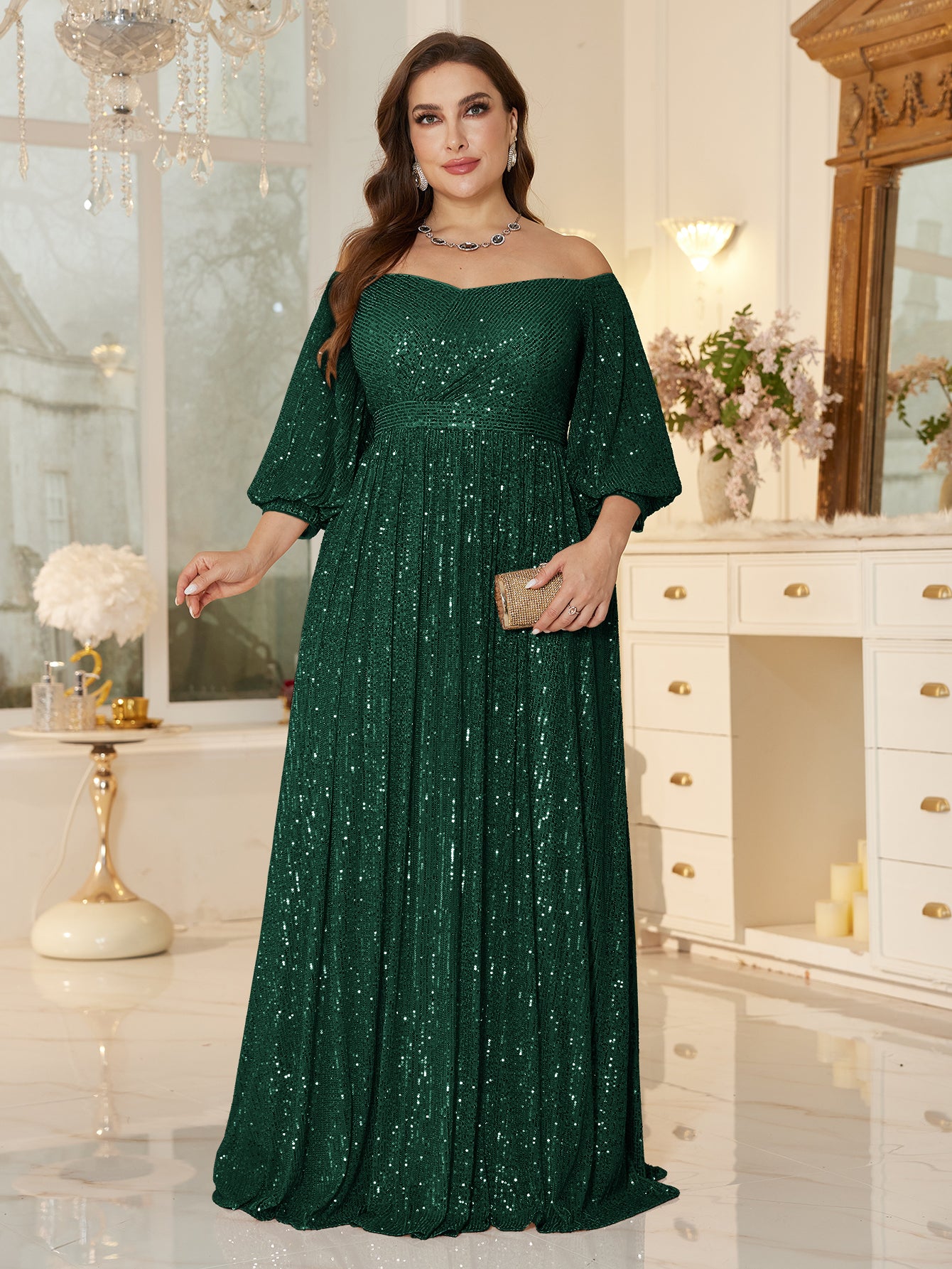 One Shoulder Elegant Formal Plus Size Sequined Dress