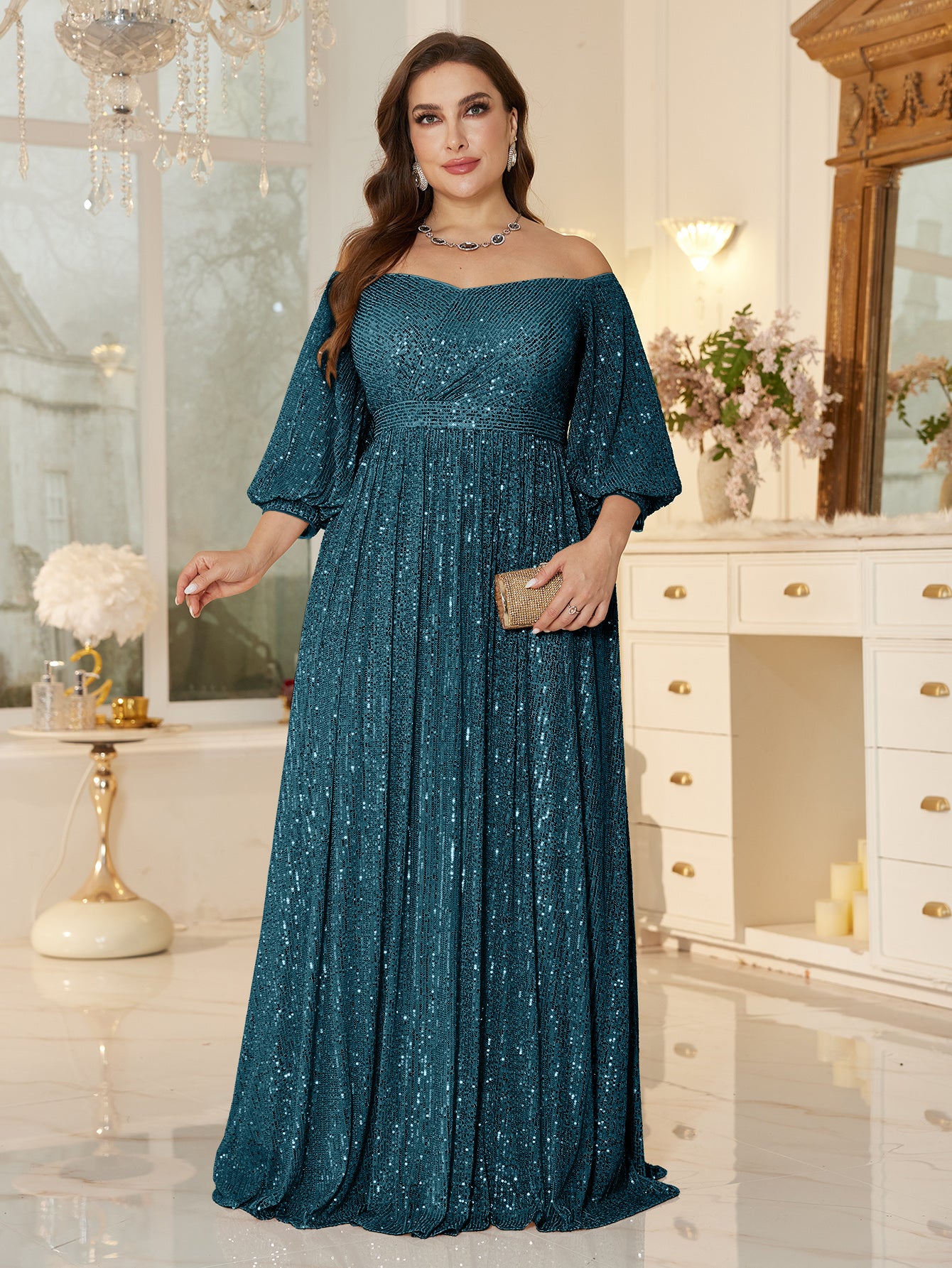 One Shoulder Elegant Formal Plus Size Sequined Dress