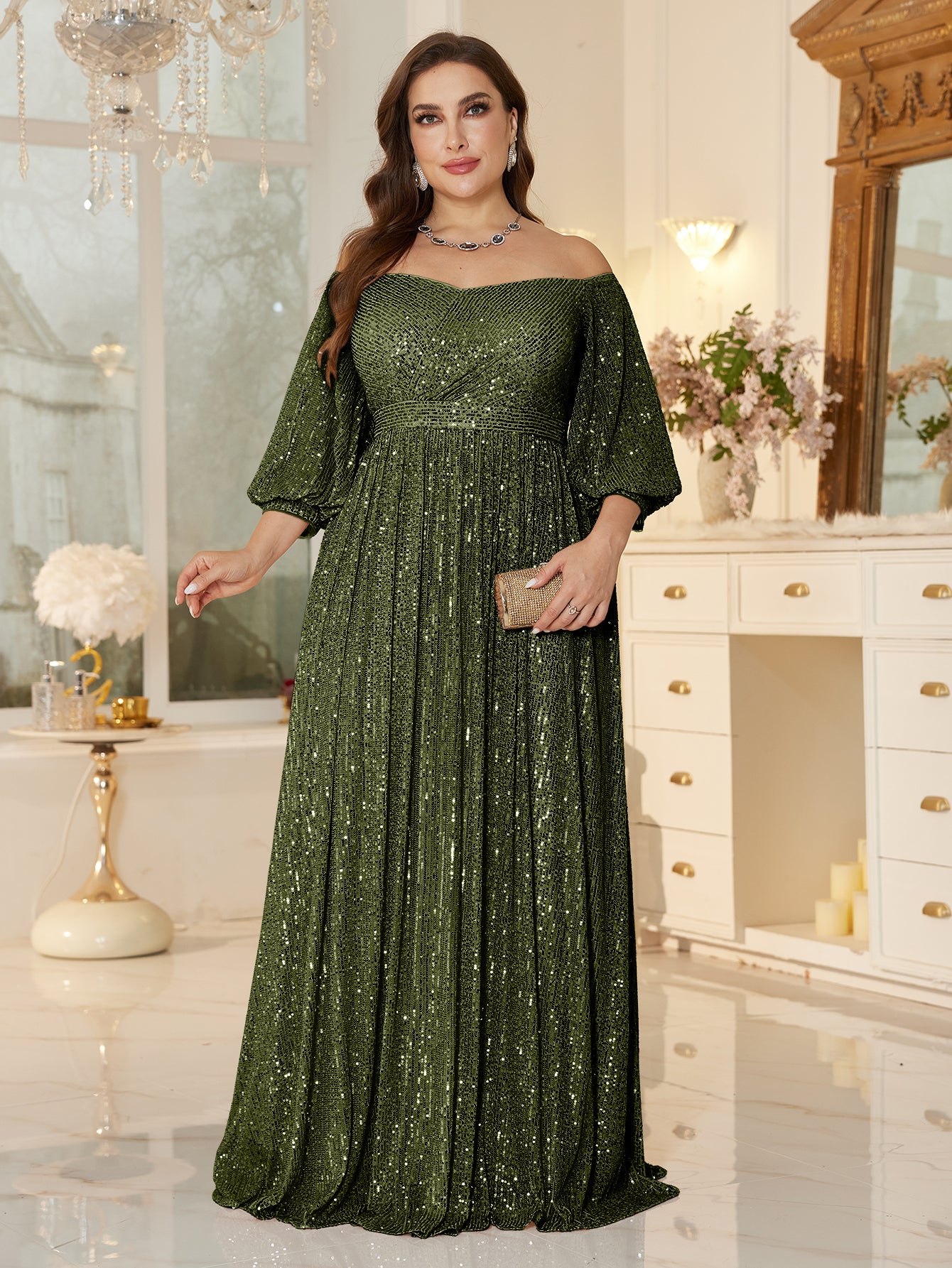 One Shoulder Elegant Formal Plus Size Sequined Dress