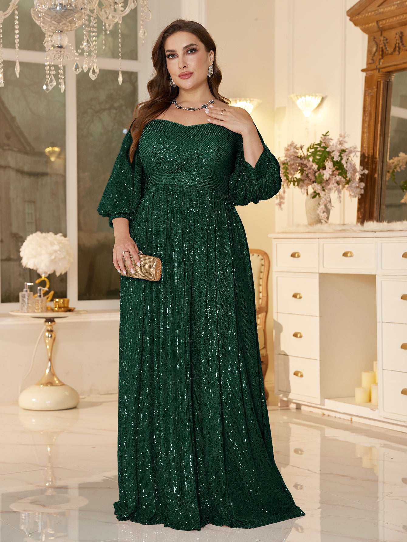One Shoulder Elegant Formal Plus Size Sequined Dress