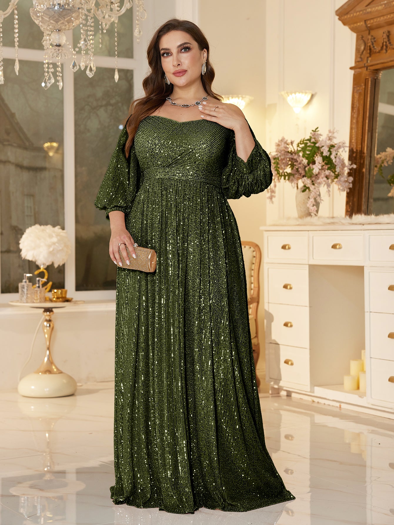 One Shoulder Elegant Formal Plus Size Sequined Dress