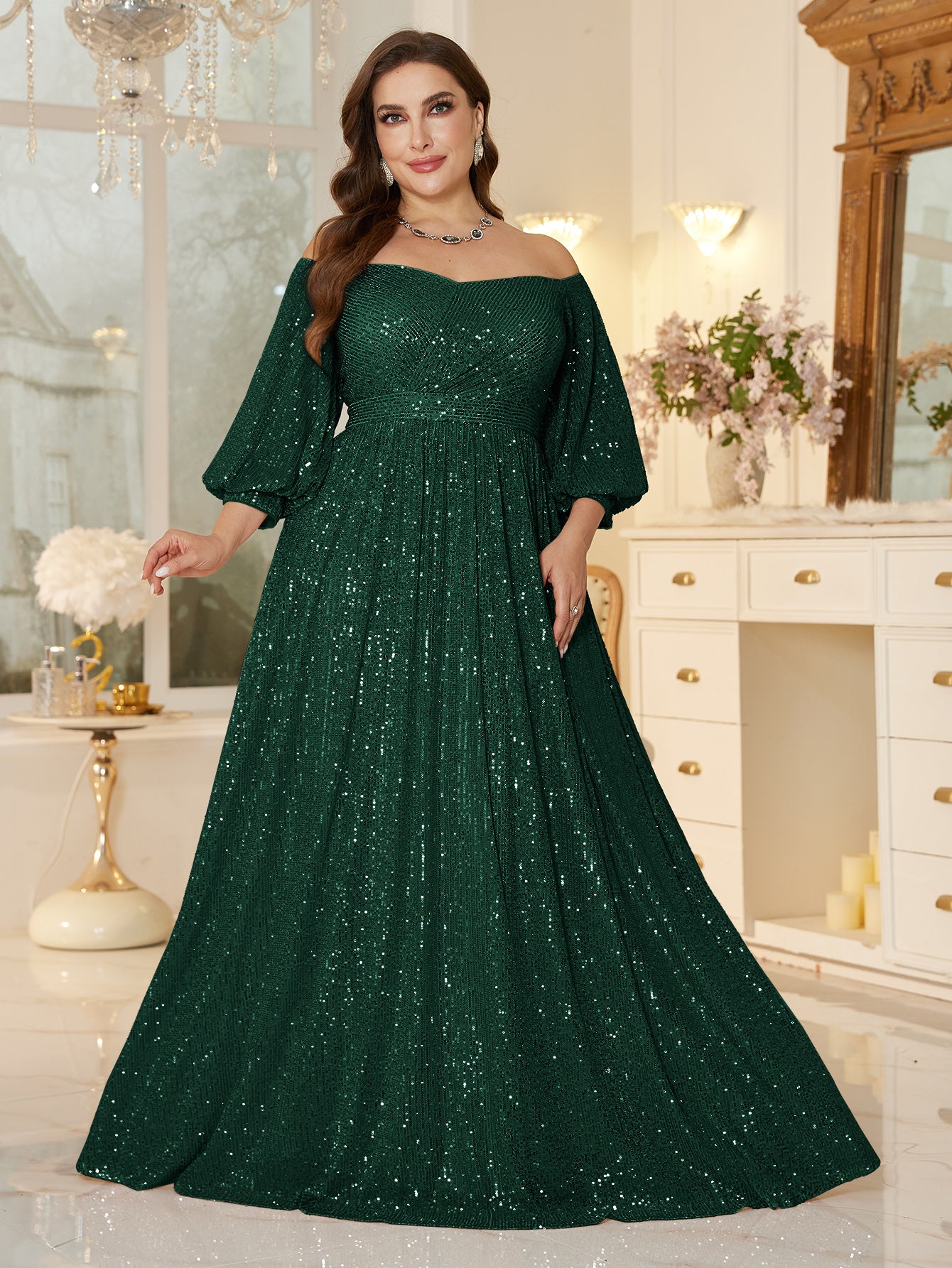 One Shoulder Elegant Formal Plus Size Sequined Dress