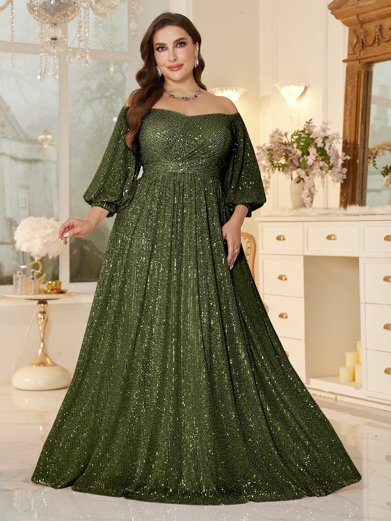 One Shoulder Elegant Formal Plus Size Sequined Dress
