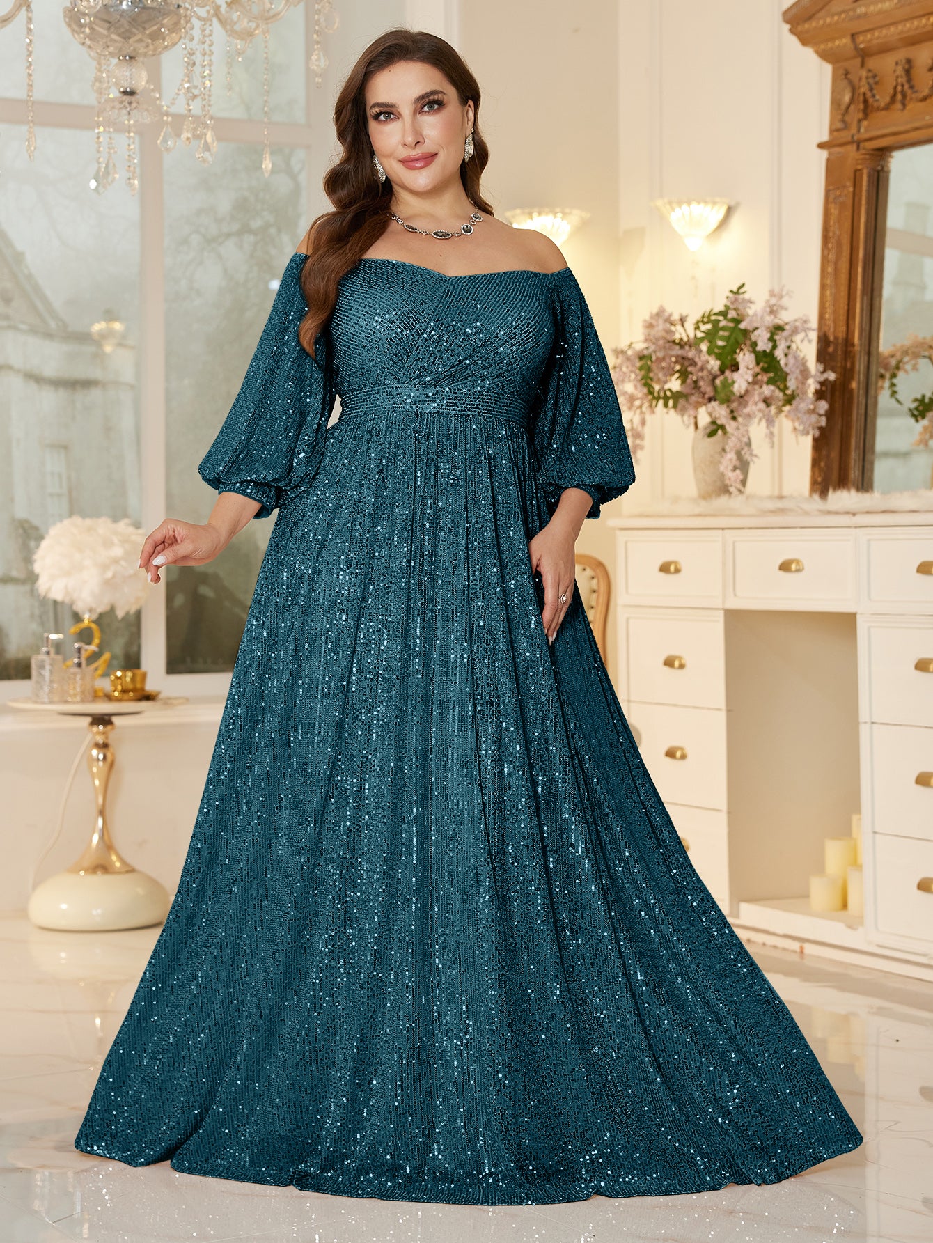 One Shoulder Elegant Formal Plus Size Sequined Dress