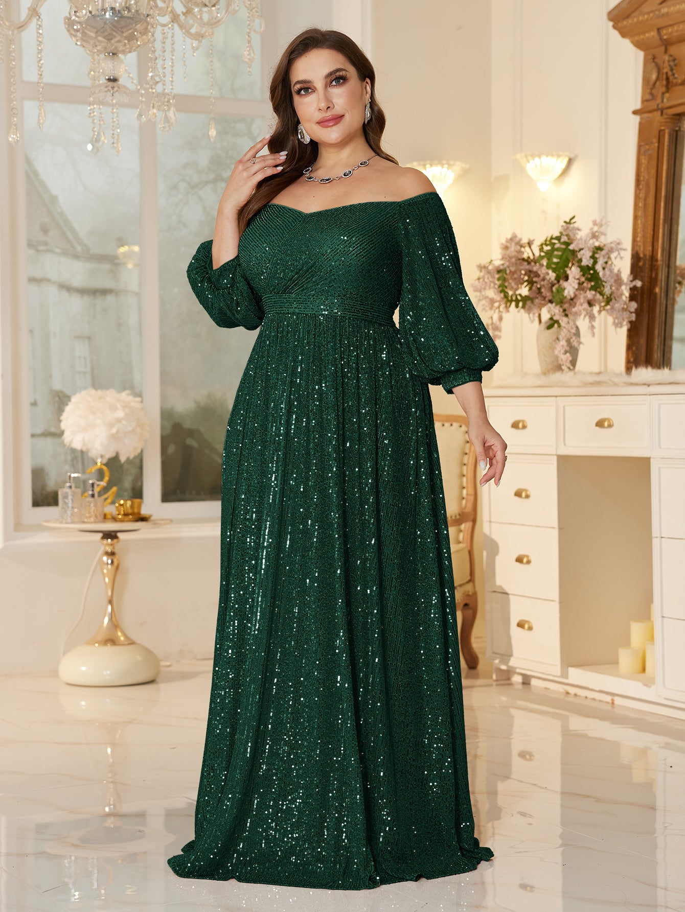 One Shoulder Elegant Formal Plus Size Sequined Dress