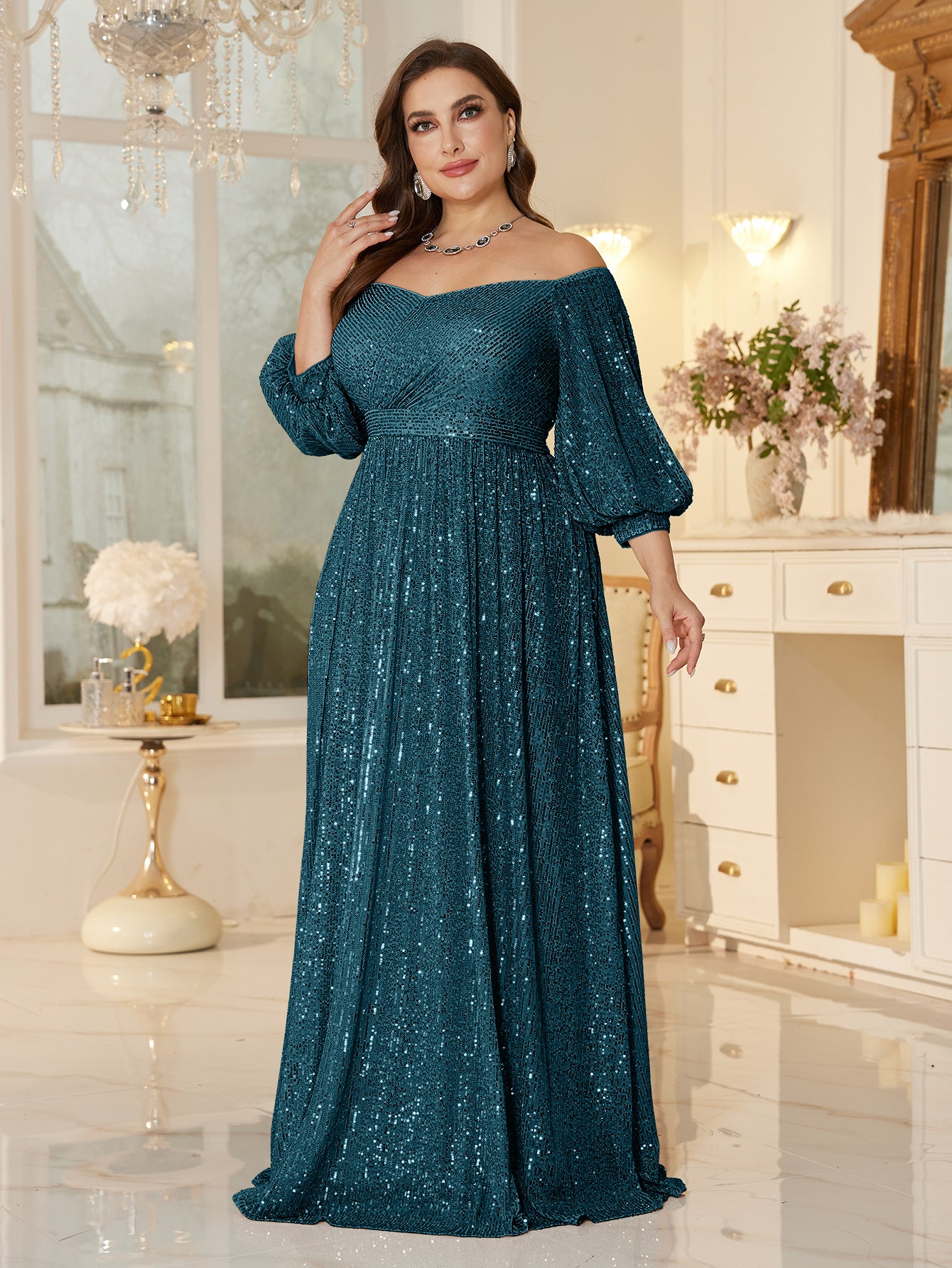 One Shoulder Elegant Formal Plus Size Sequined Dress